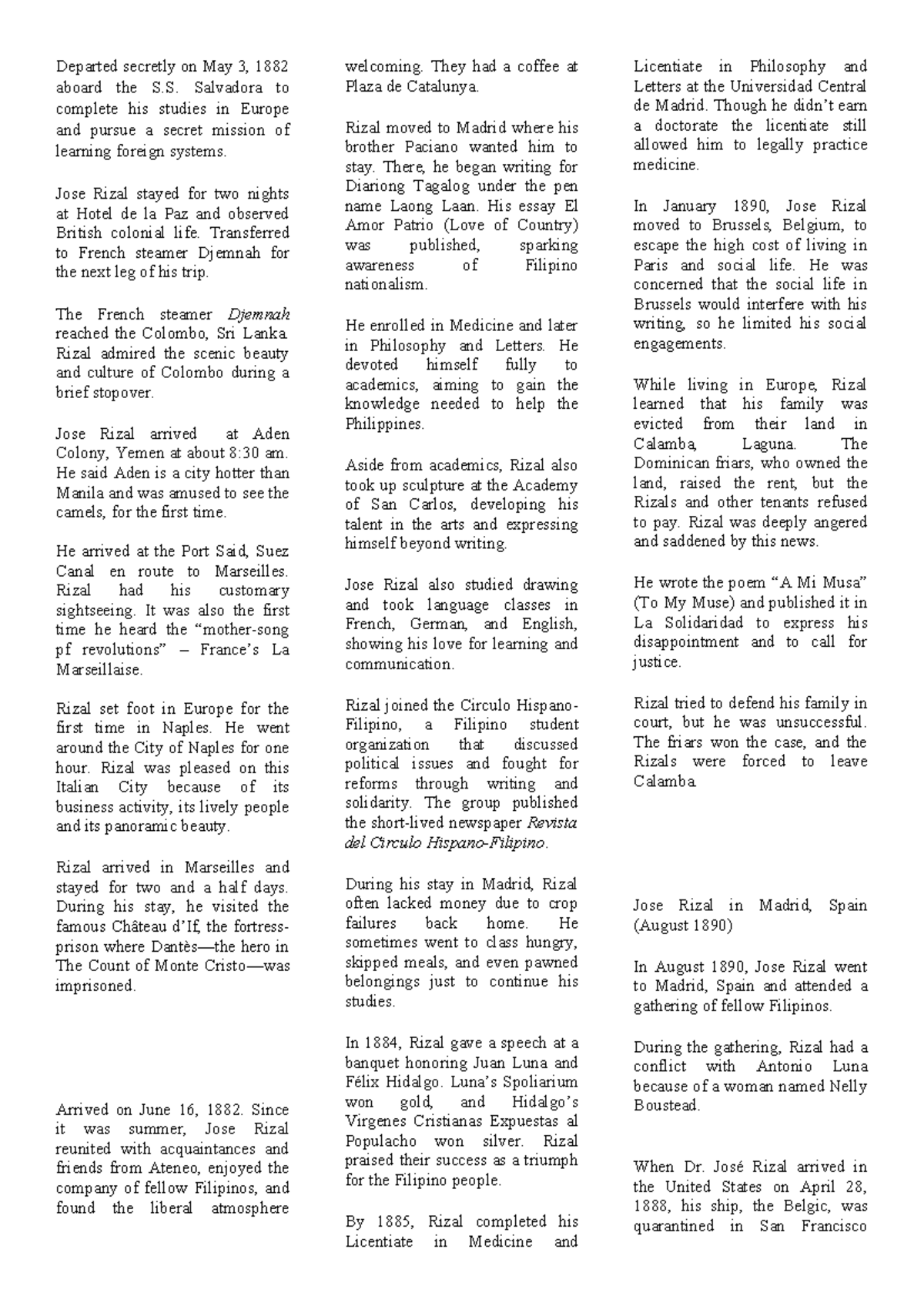 Jose Rizal's European Journey: Studies and Activism (1882-1890) - Studocu