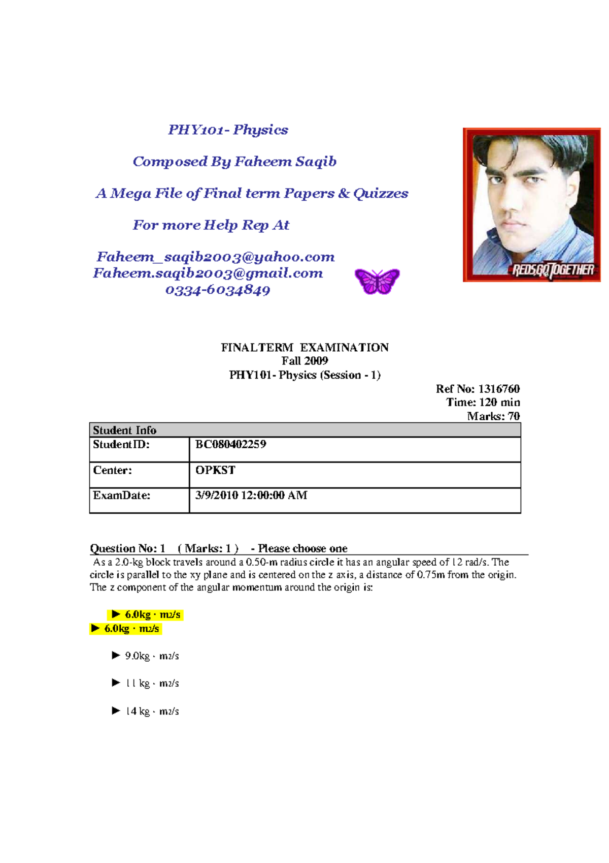 PHY101 Physics Final Exam Papers and Quizzes Compilation - Studocu