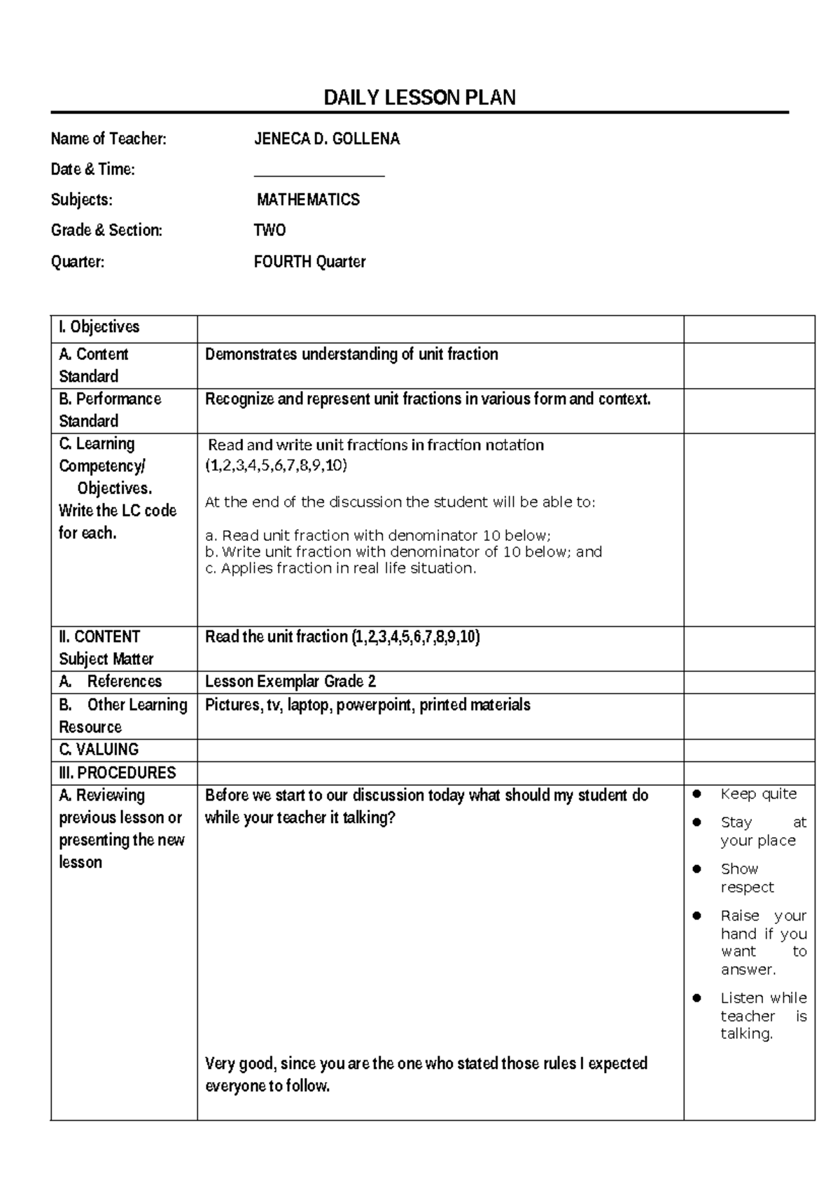 DAILY LESSON PLAN: MATHEMATICS GRADE 2 (4TH QUARTER) - Document Preview