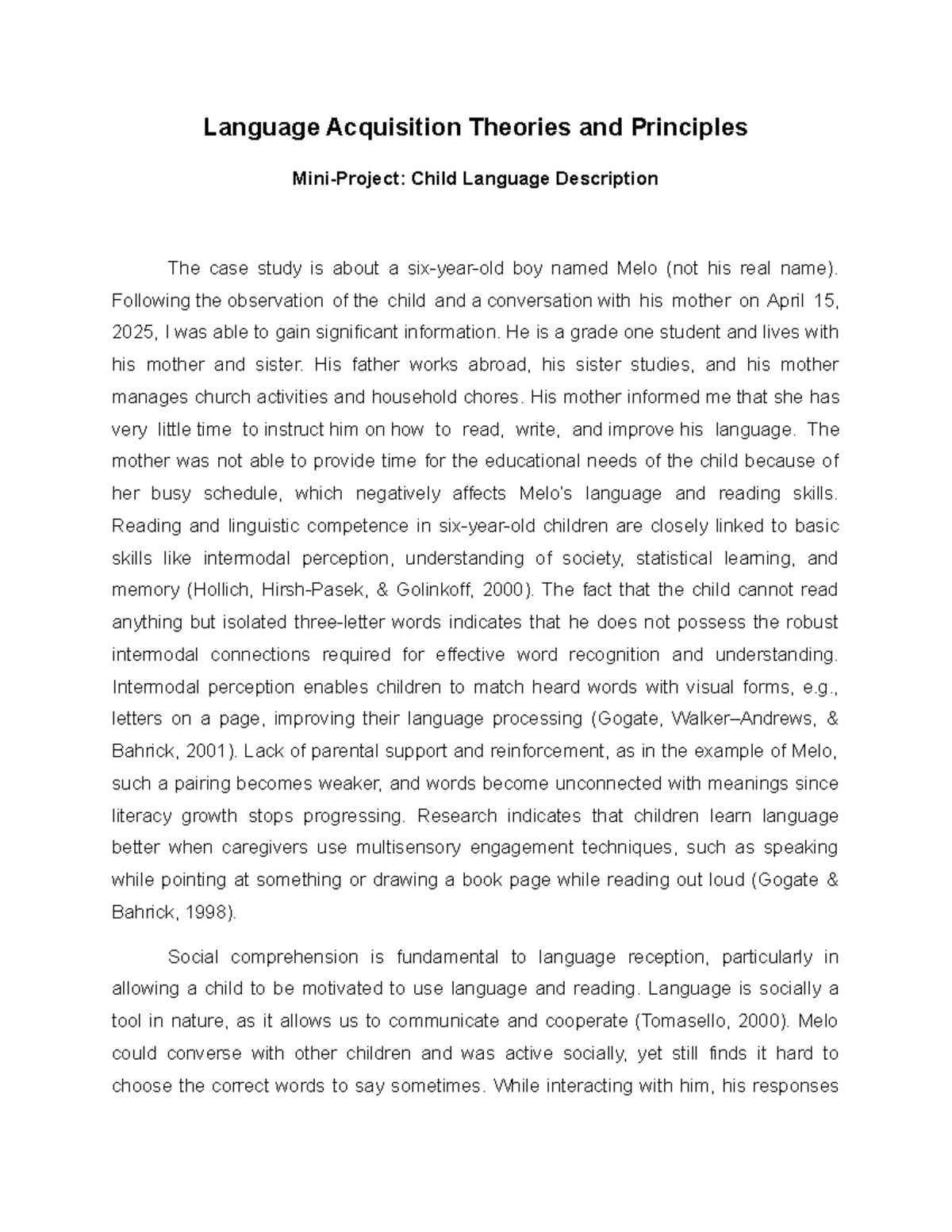 Language Acquisition Theories: Case Study of Child Melo (Grade 1) - Studocu