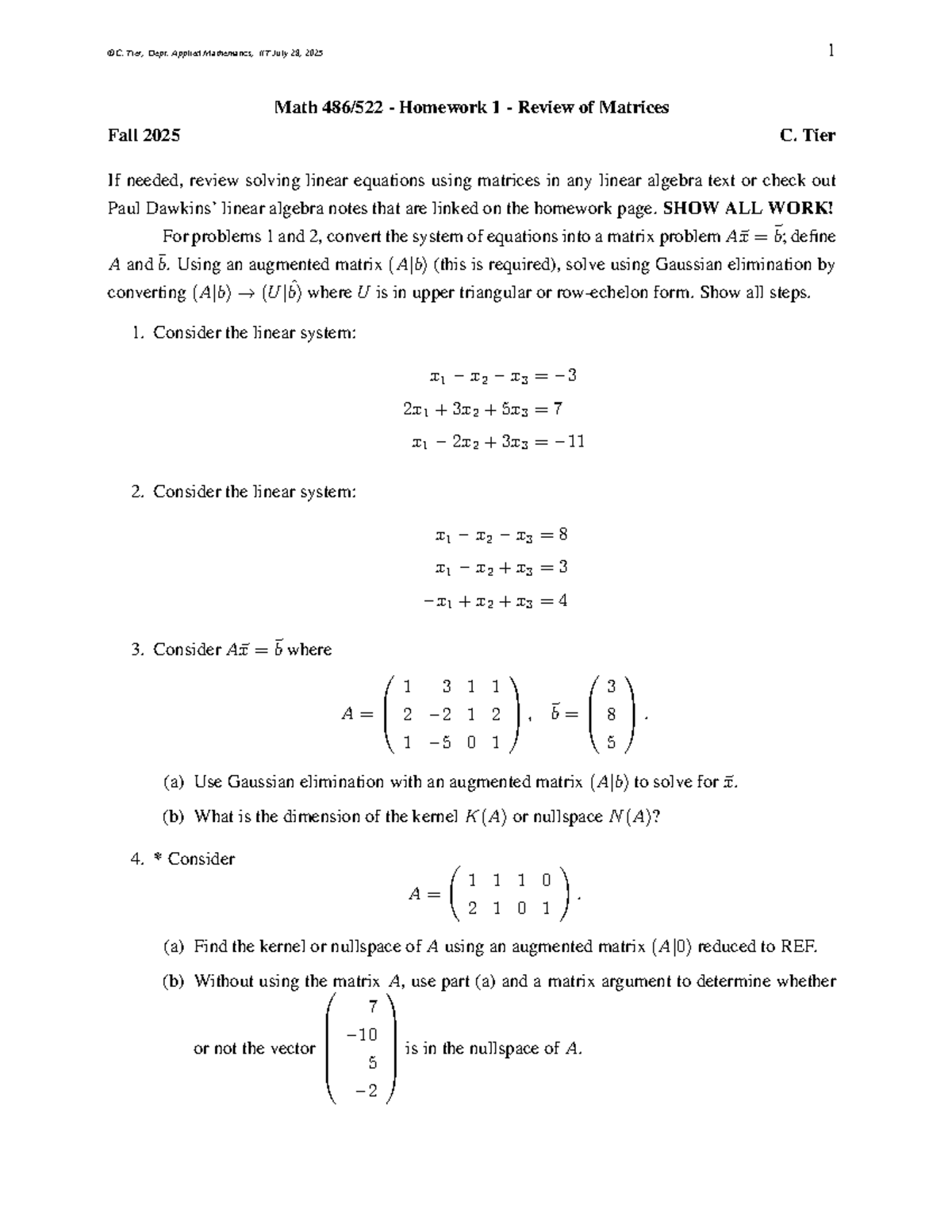 Math 486/522 - Homework 1: Matrices & Gaussian Elimination Review - Studocu