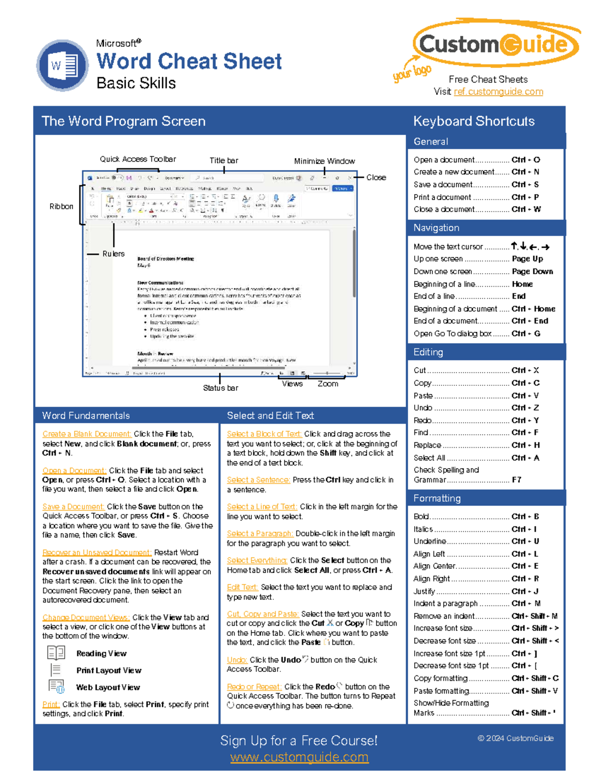Word 2024 Quick Reference Cheat Sheet: Essential Keyboard Shortcuts ...