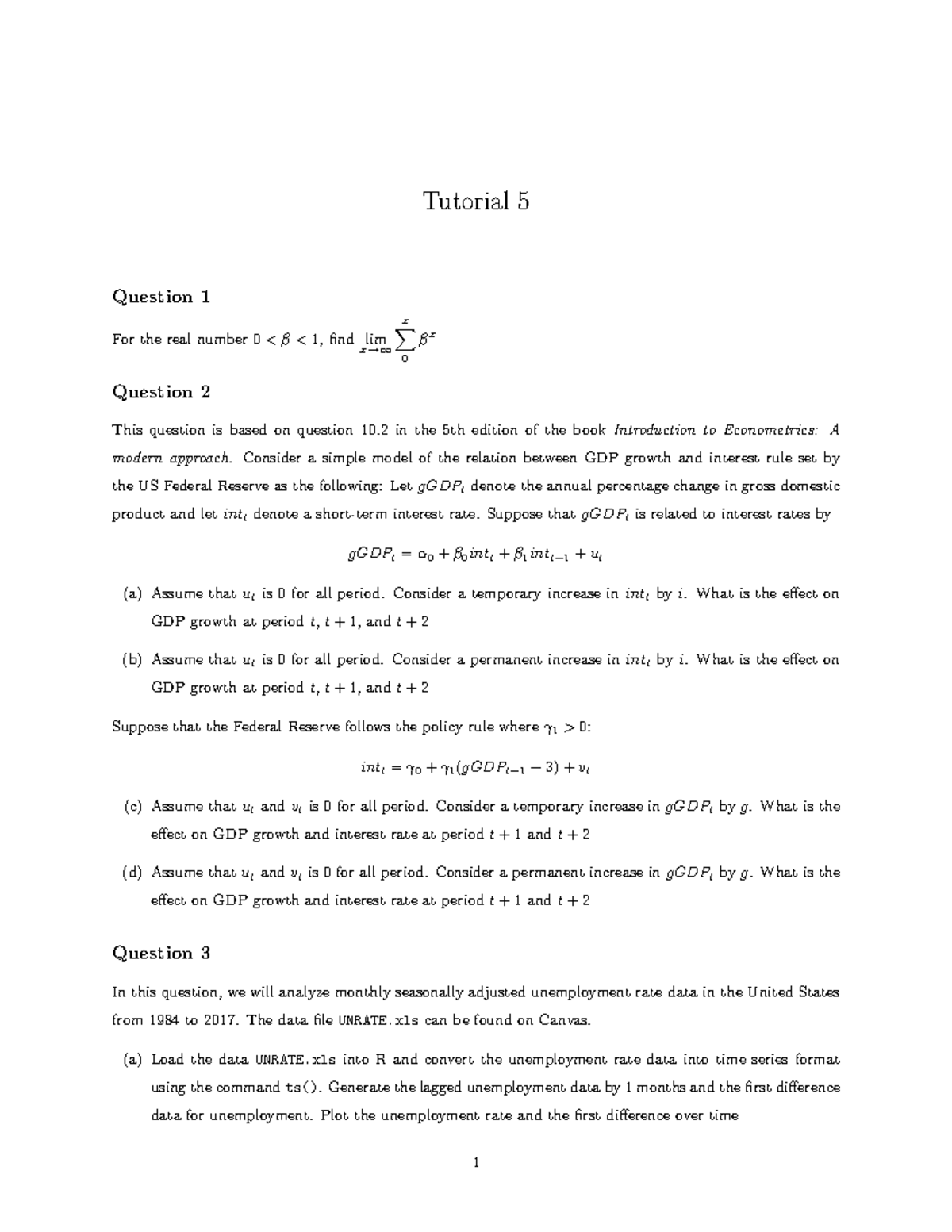 Tutorial 5 - Exercises for Econometrics Concepts and Analysis - Studeersnel