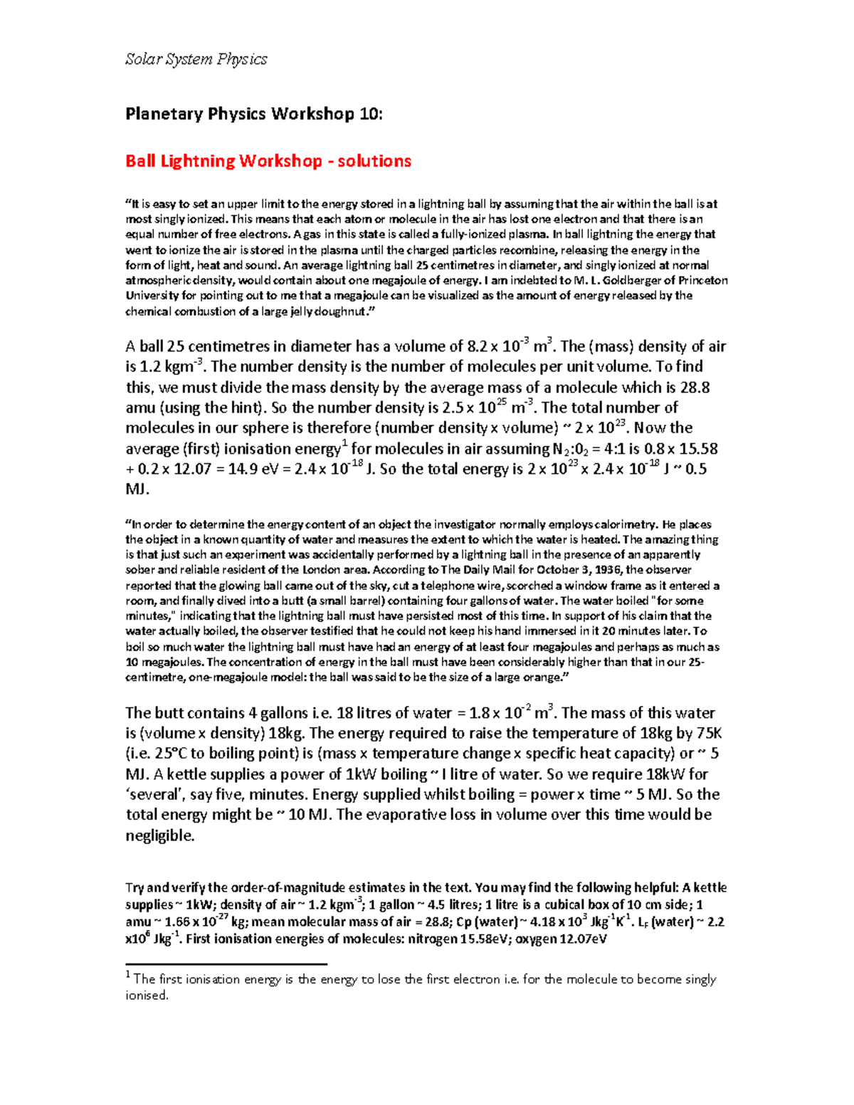 Solar System Physics Planetary Physics Workshop 10 Lecture Notes