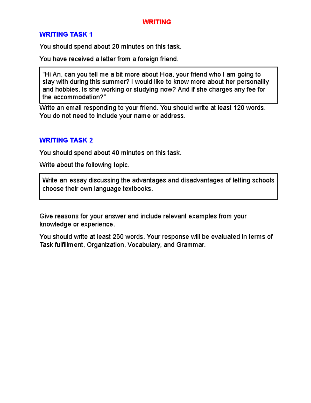 WRITING TASK 1 & 2: Đề 01 - Email & Essay on Language Textbooks - Studocu