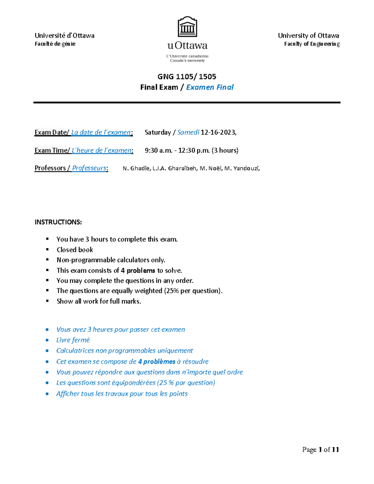 GNG1105/1505 Fall 2023 Final Exam Instructions and Problem Set - Studocu