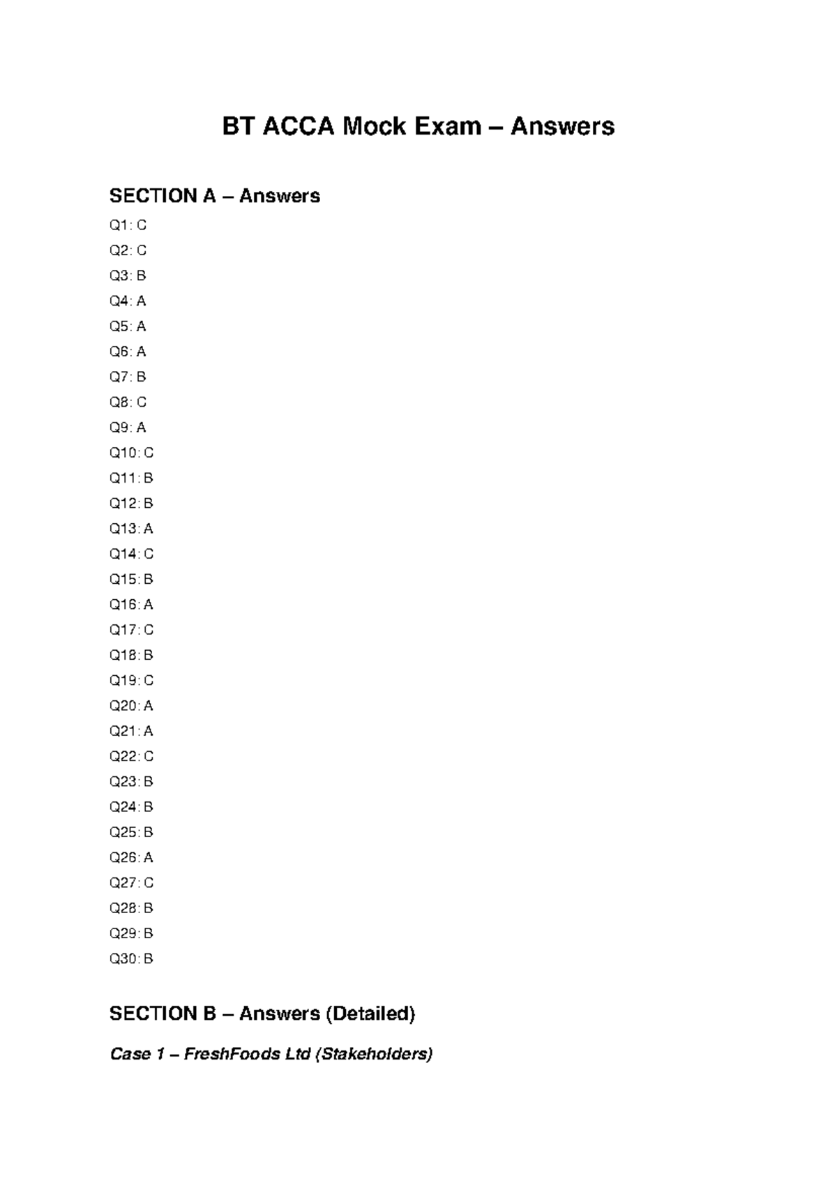 BT ACCA Mock Exam Answers: Comprehensive Review and Solutions - Studocu