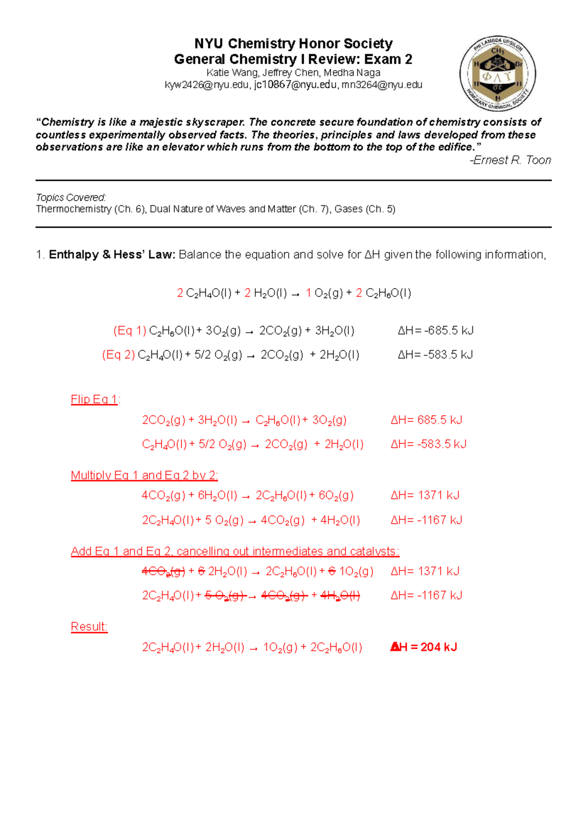 Answer Key for Gen Chem I Exam 2 (Spring 2025-Mandziuk) - Studocu