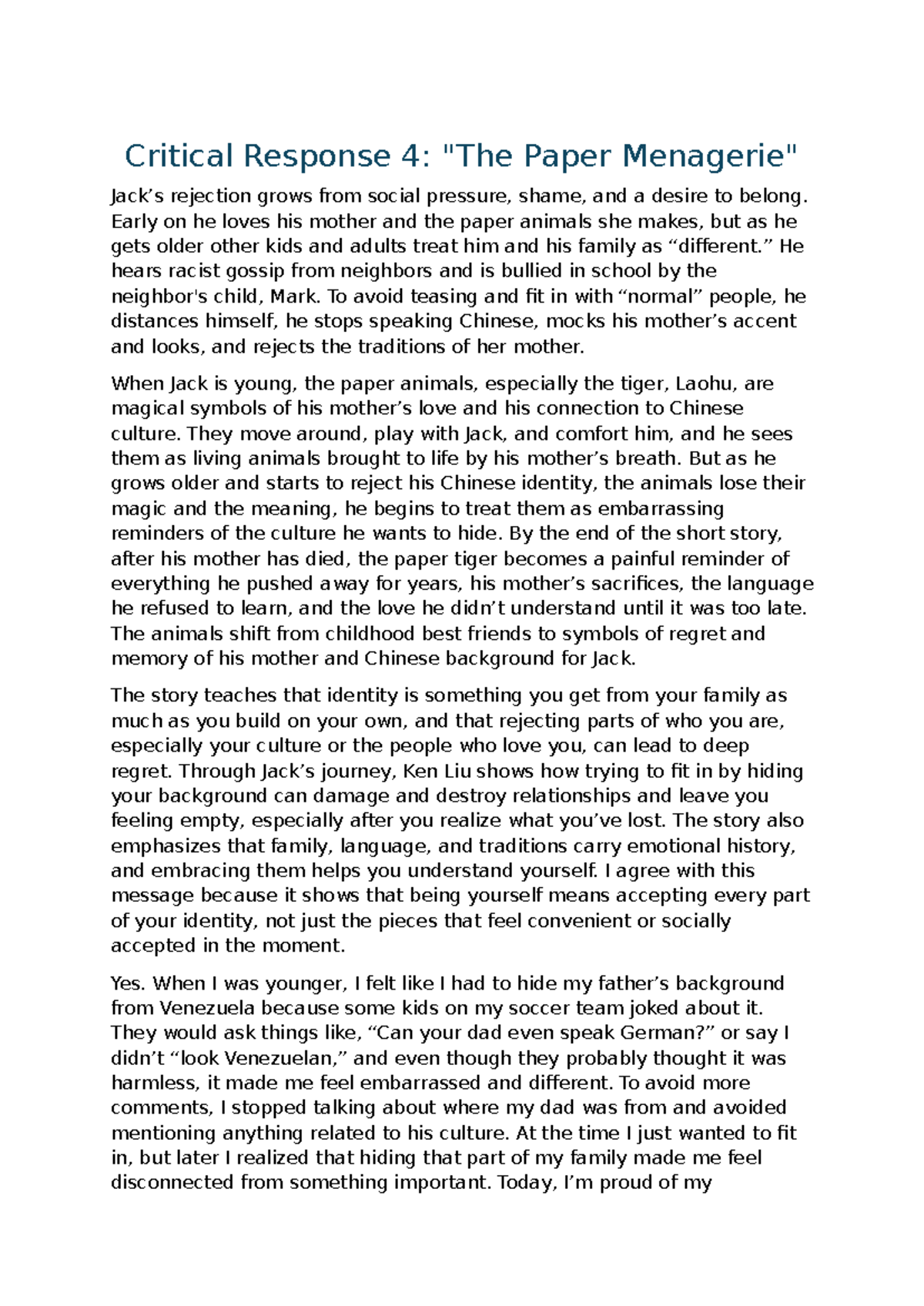 Critical Response 4: The Paper Menagerie and Identity Struggles - Studocu