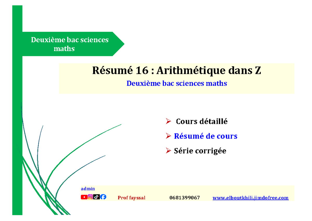 Résumé de cours 2BAC : Arithmétique dans ℤ et Congruences - Studocu