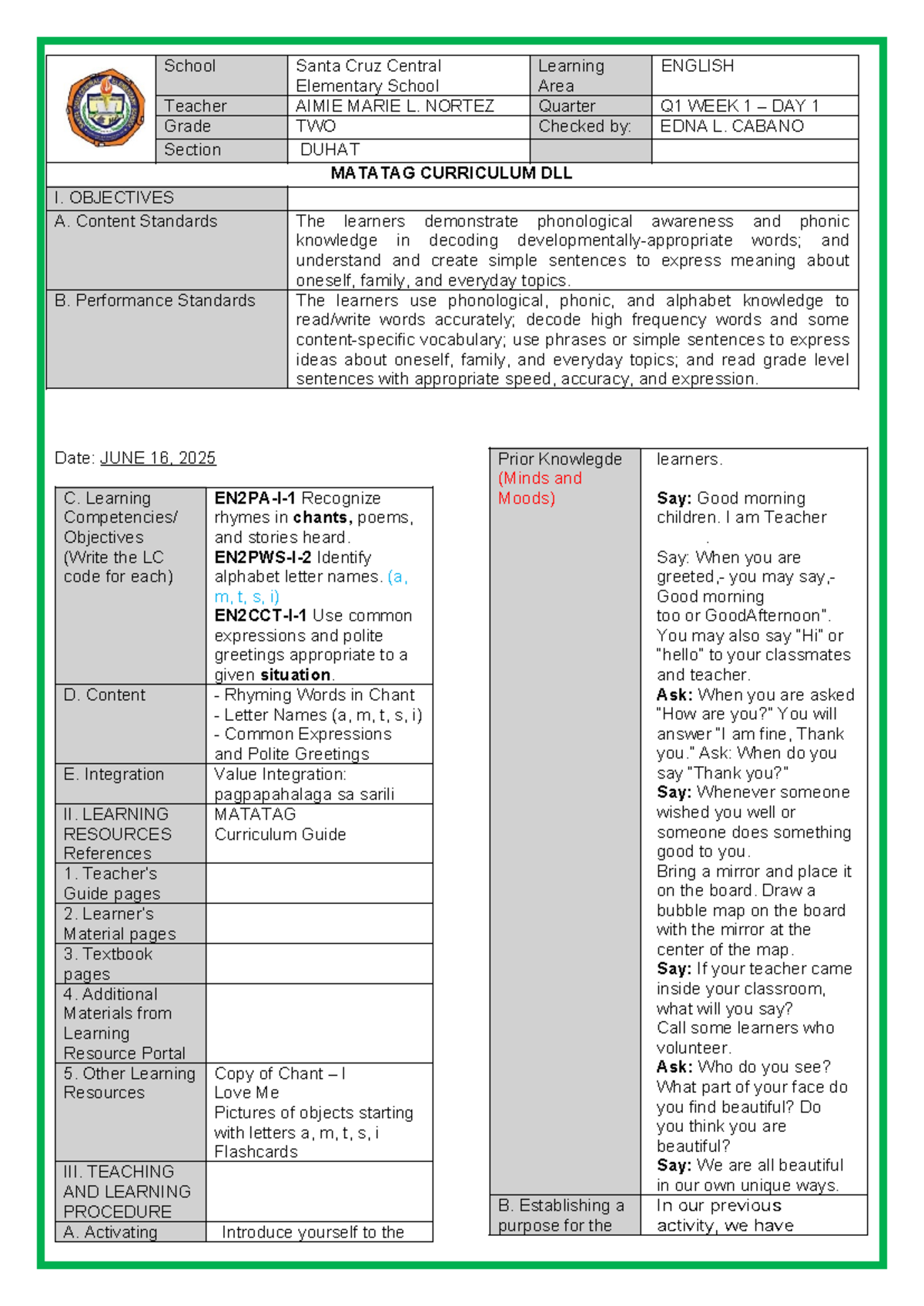 Q1 MATATAG DLL English Lesson Plan: WEEK 1 DAY 1 - Studocu