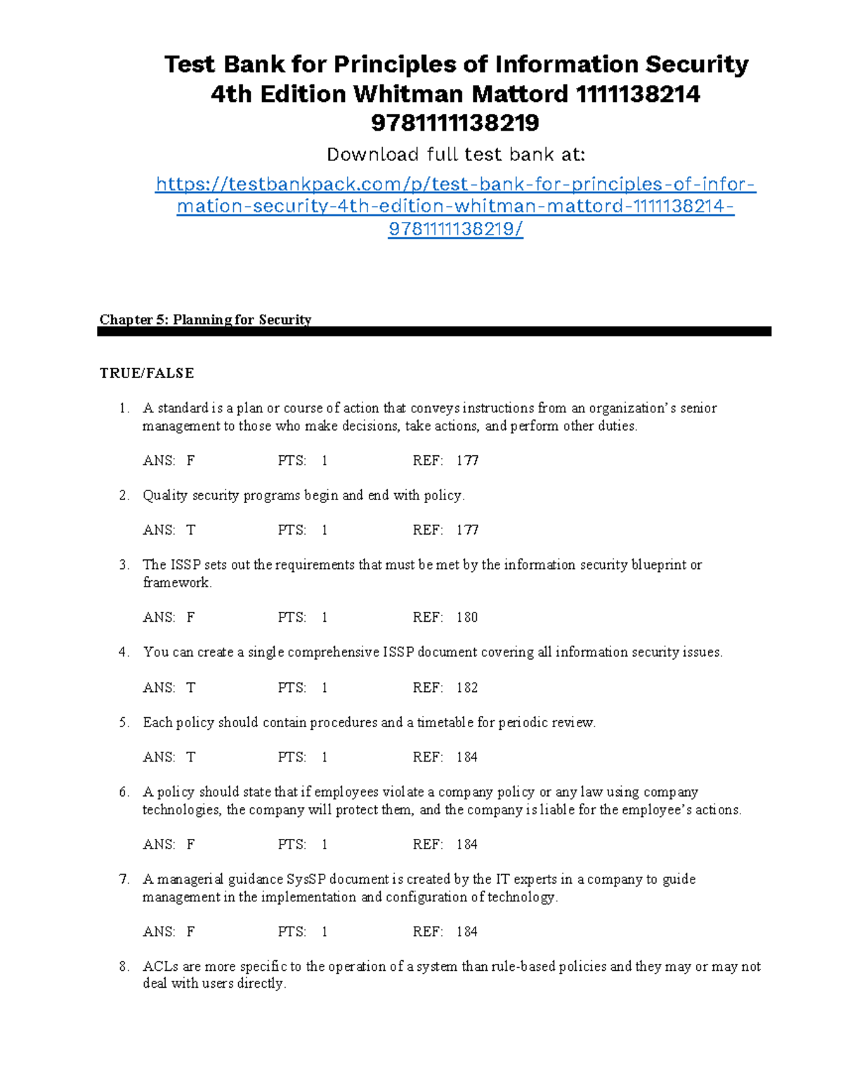 Test Bank for Principles of Info Security - Chapter 5 Quiz - Studocu