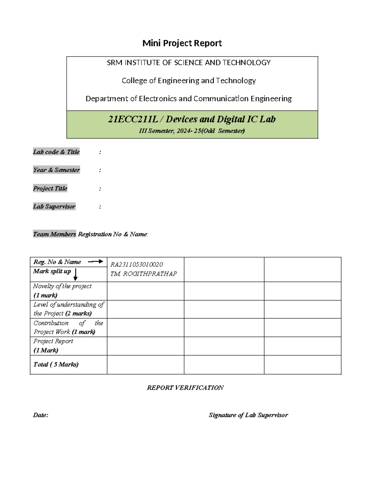 21ECC211L - Mini Project Report Template & Guidelines - Studocu