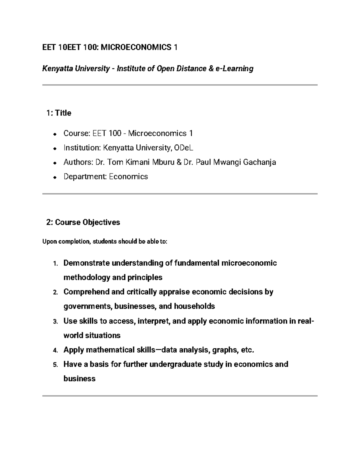 EET 100: Microeconomics 1 Module Notes - Kenyatta University - Studocu