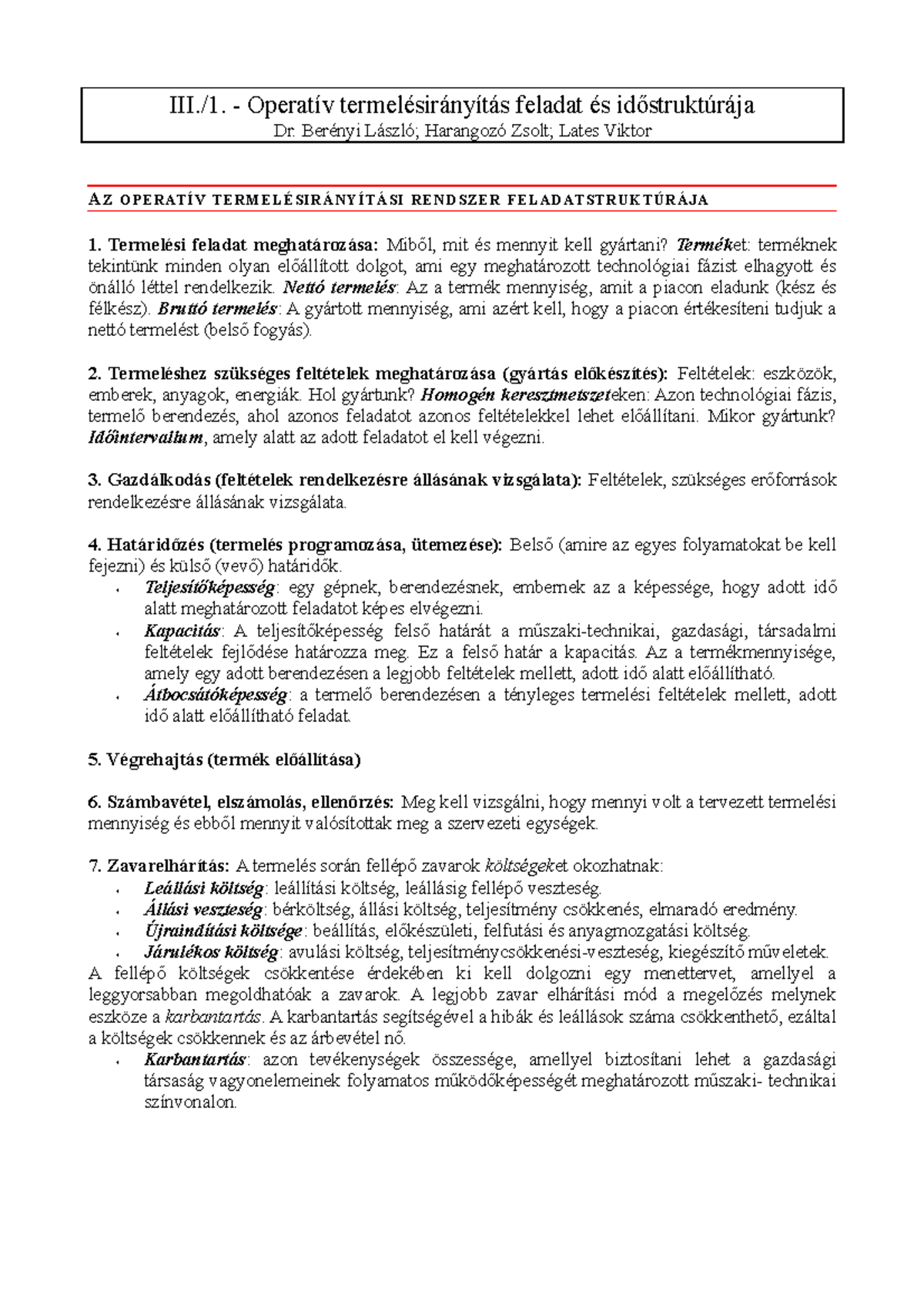 III.1. Operatív termelésirányítás - III./1. - Operatív ...