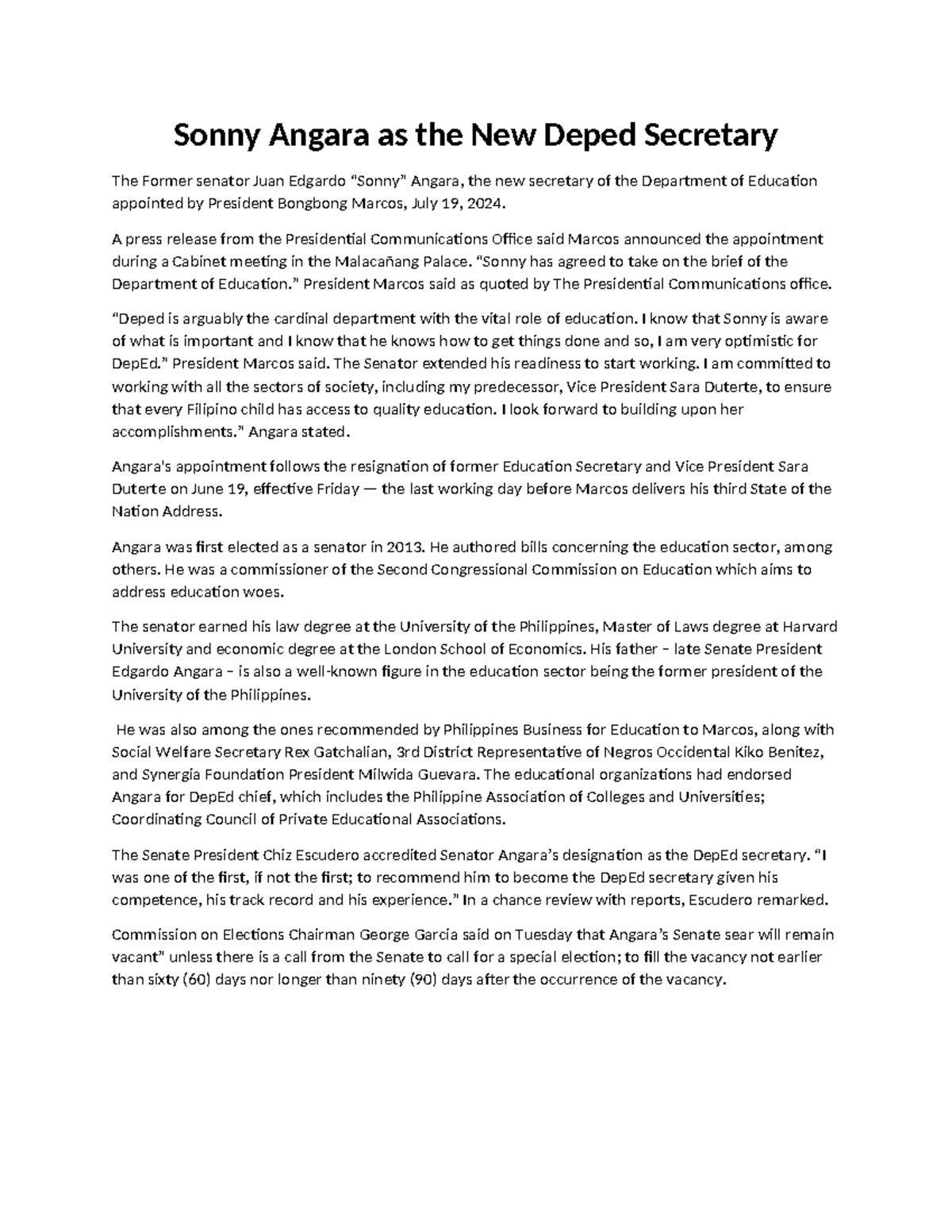 Sonny Angara as the New Dep Ed Secretary news - Sonny Angara as the New ...