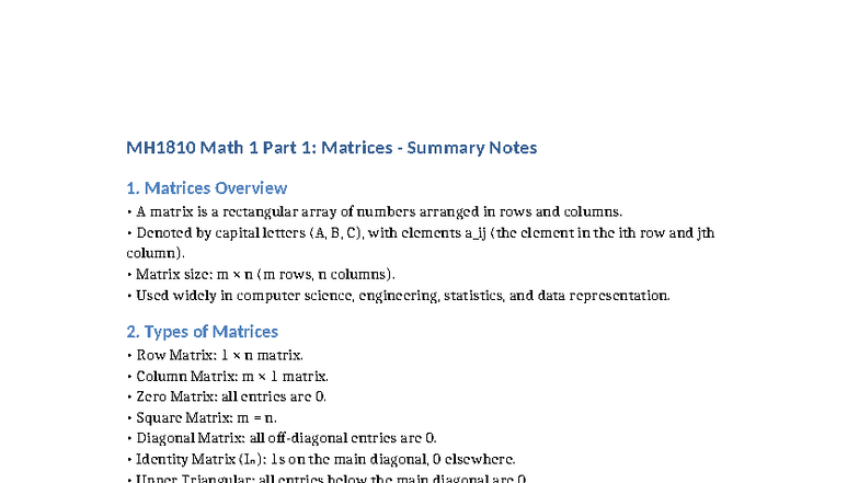 MH1810 Math 1: Comprehensive Matrices Lecture Notes - Studocu