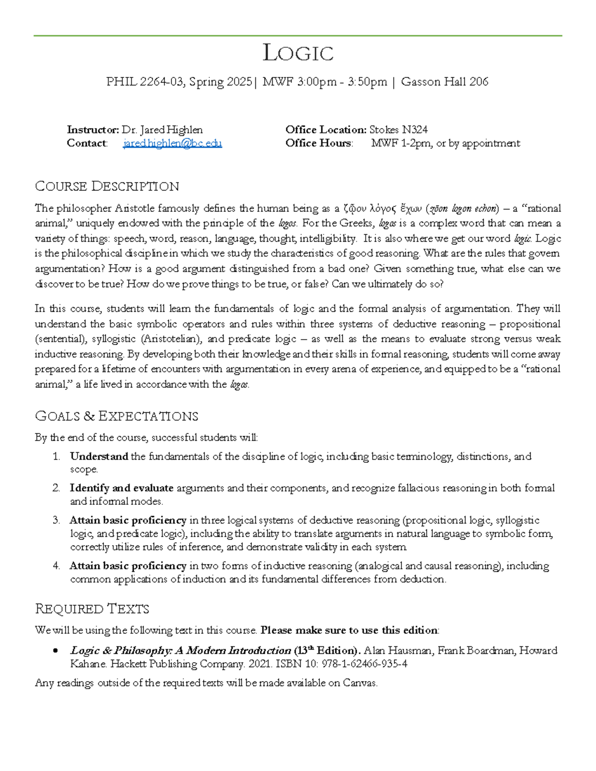 PHIL 2264-03 - Logic Course Syllabus - Spring 2025 - Studocu