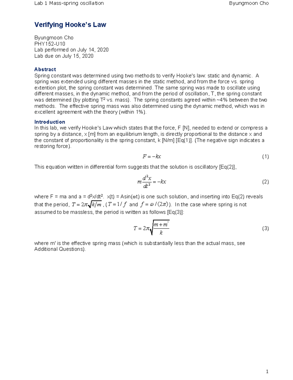 Cho PHY152-U10 Lab 1: Verifying Spring Constant via Oscillation - Studocu