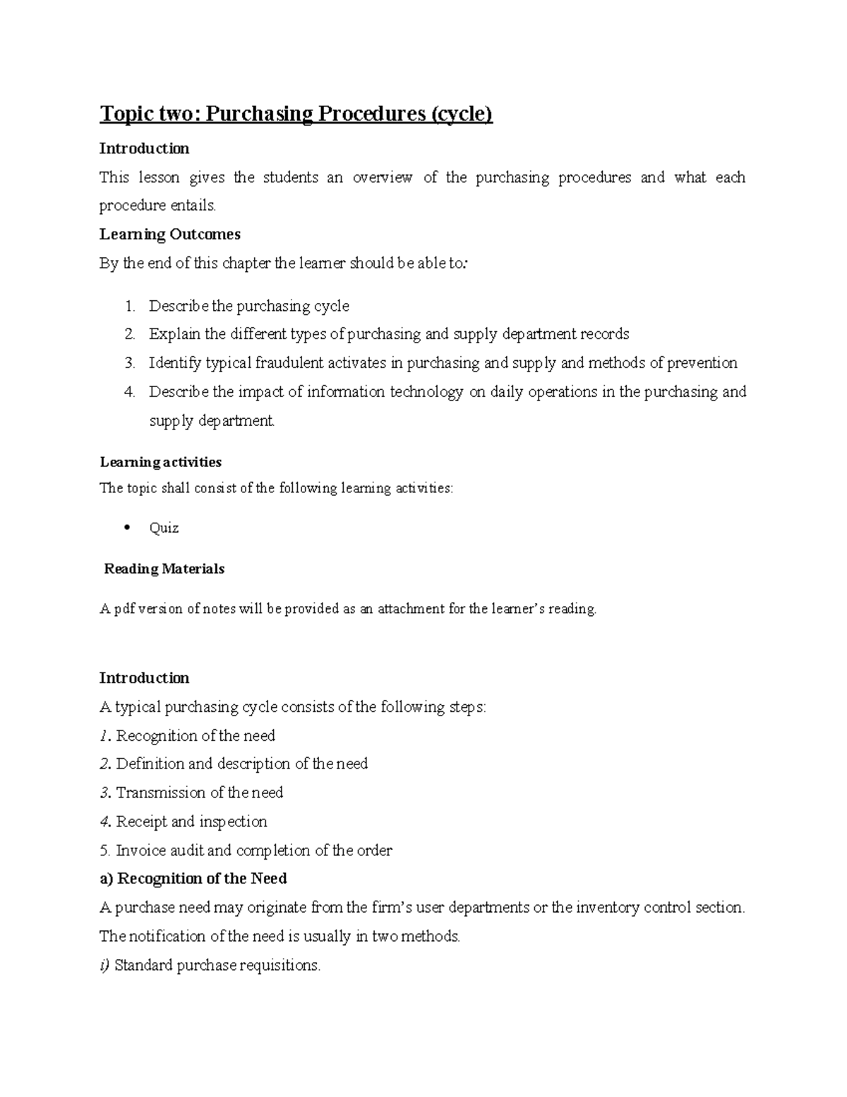 Lesson 2 Notes: Understanding the Purchasing Cycle (PUR 101) - Studocu
