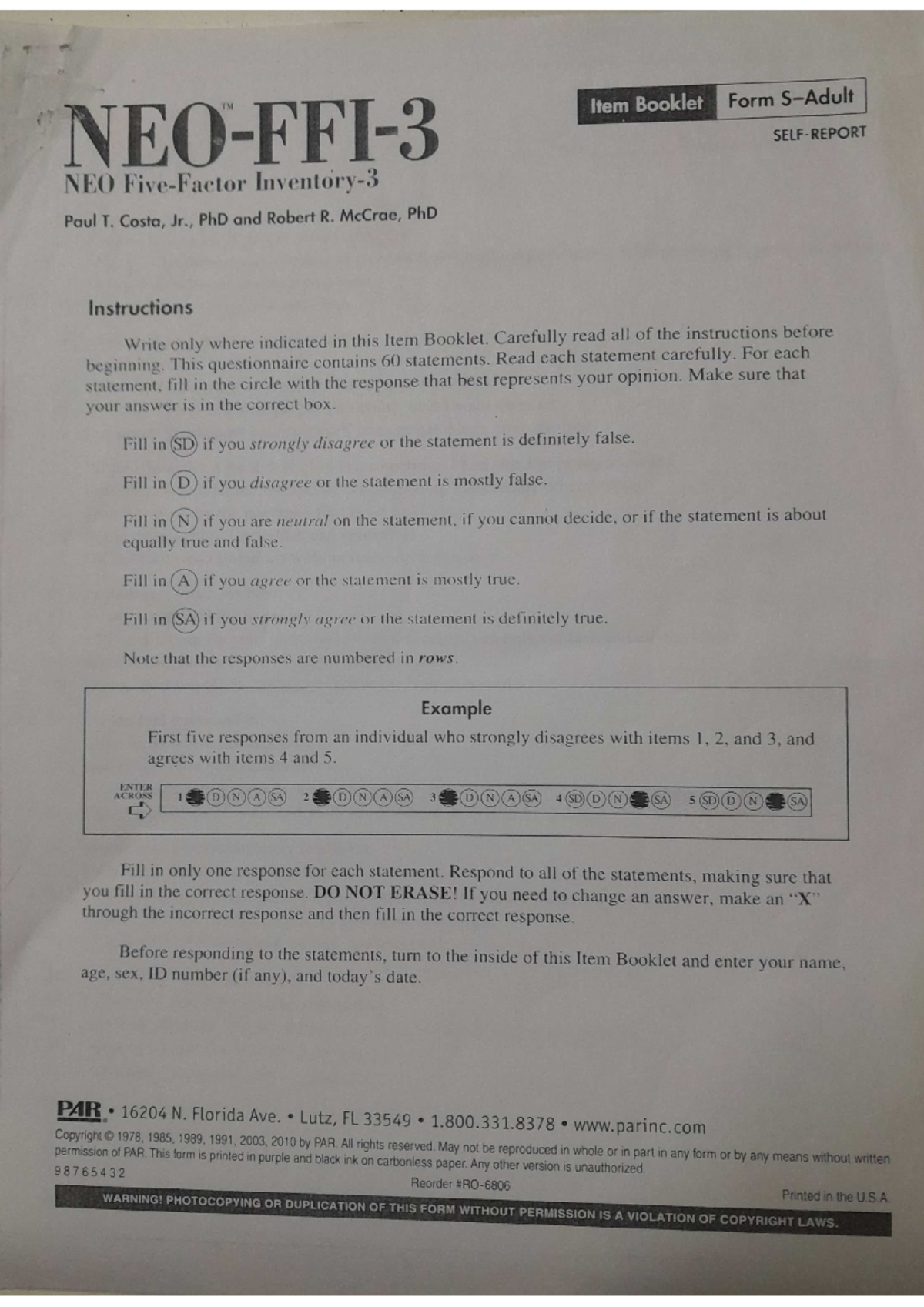 NEO FFI Practical Questionnaire Instructions and Response Guide - Studocu