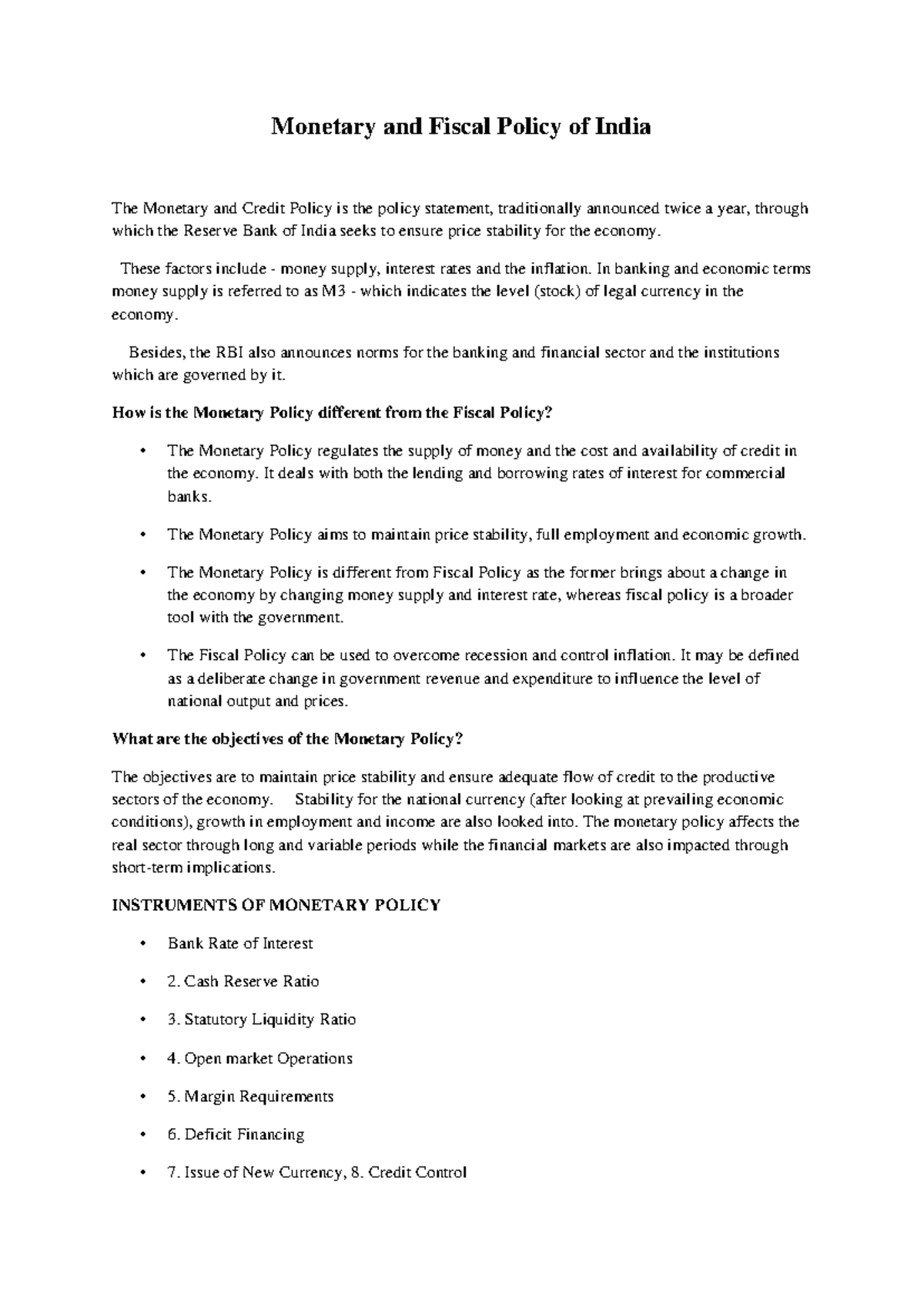 Monetary Policy - Lecture Notes for Economics 101 - Studocu