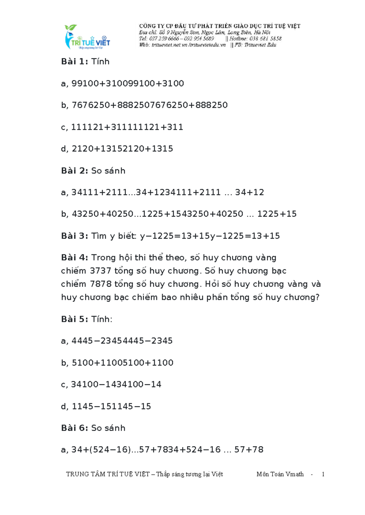 Bài Tập Toán Vmath 1-7: Tính Toán và So Sánh Phân Số - Studocu