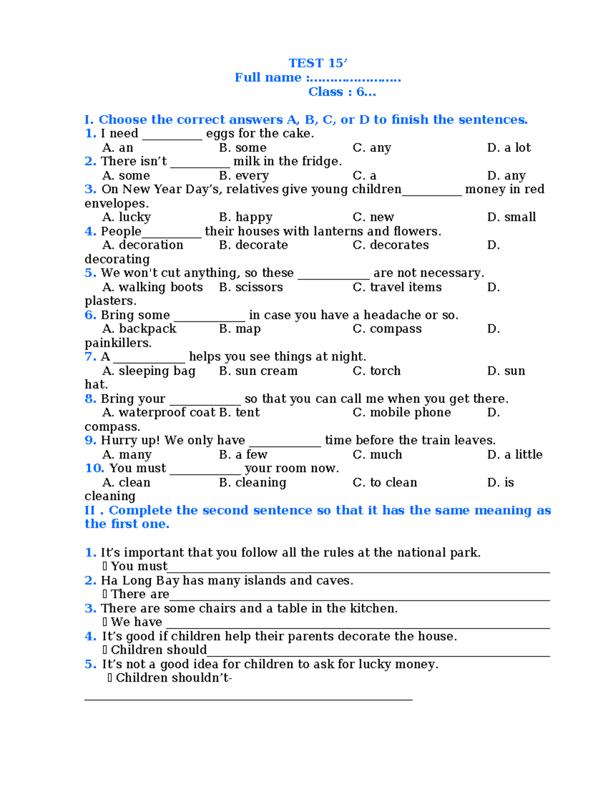 TEST 15 Lớp 6 - Multiple Choice & Sentence Completion - Studocu