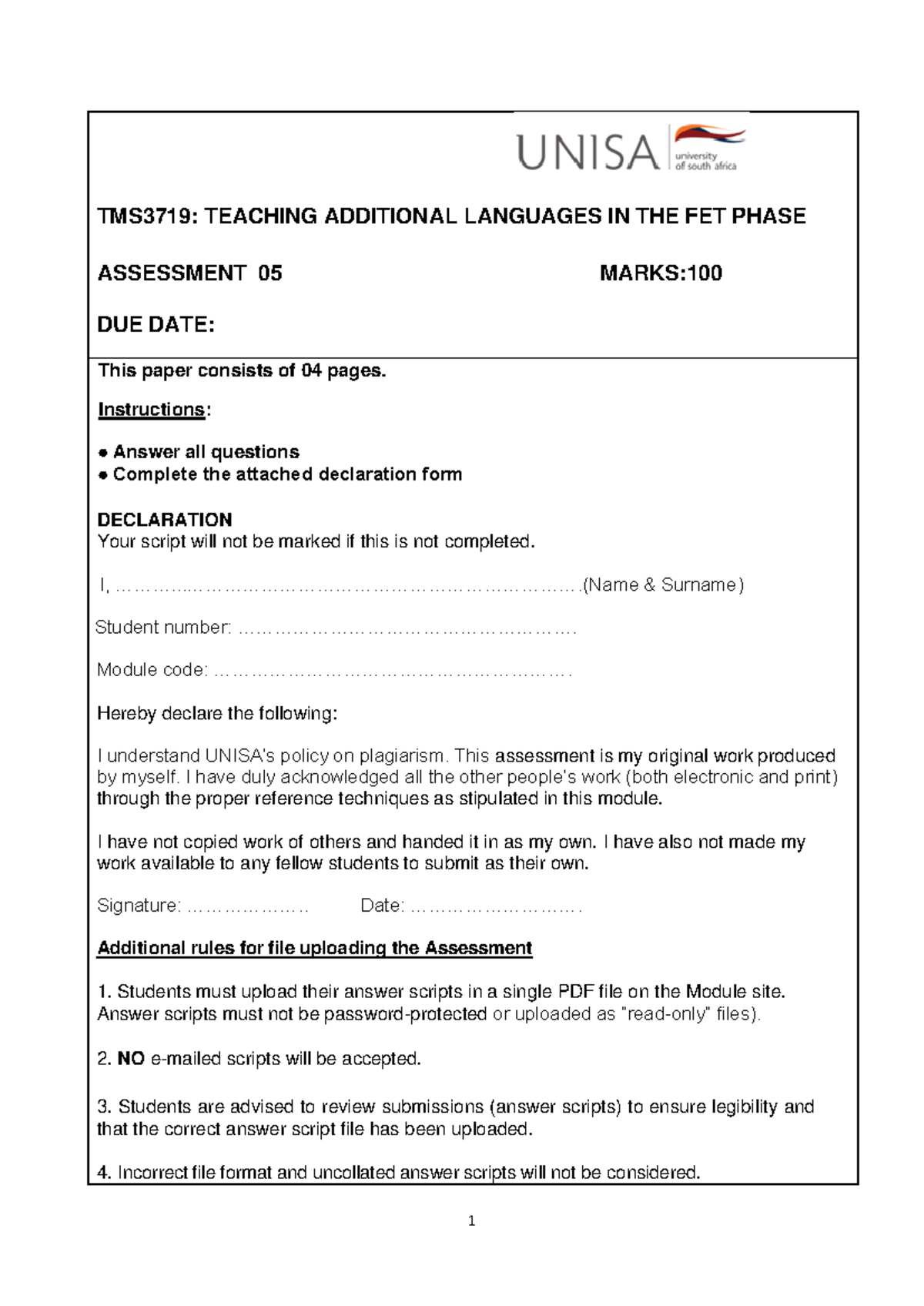 TMS3719 Assessment 5: Teaching Languages in FET Phase - 2024 Guide ...