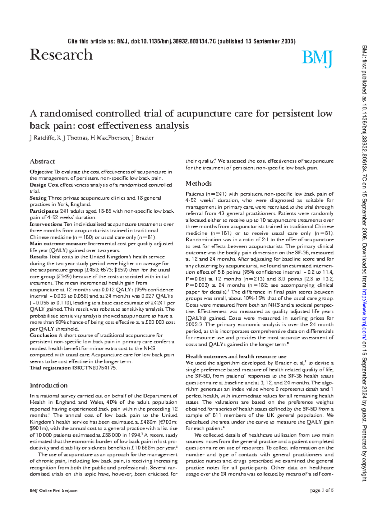 A randomised controlled trial of acupuncture care - Design Cost ...