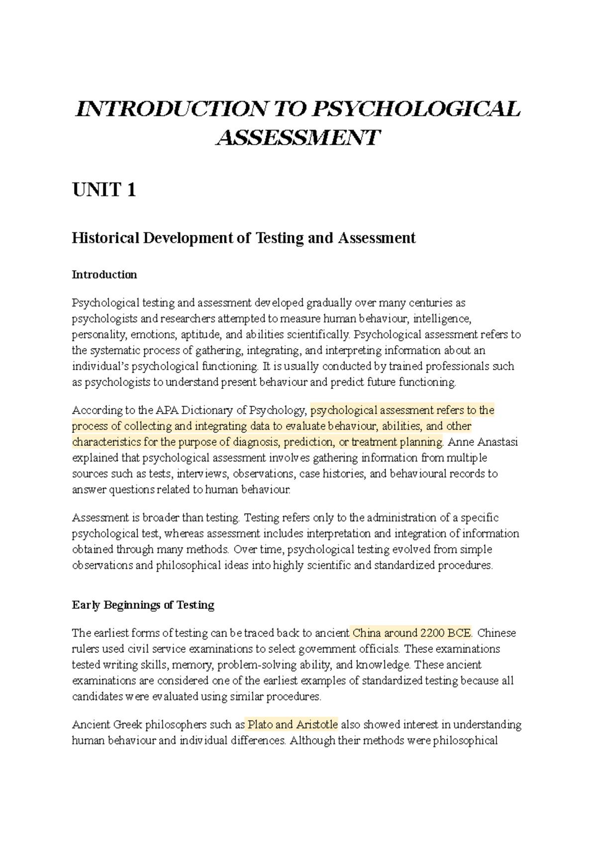 PSY 101: Introduction to Psychological Assessment - Unit 1 Overview ...