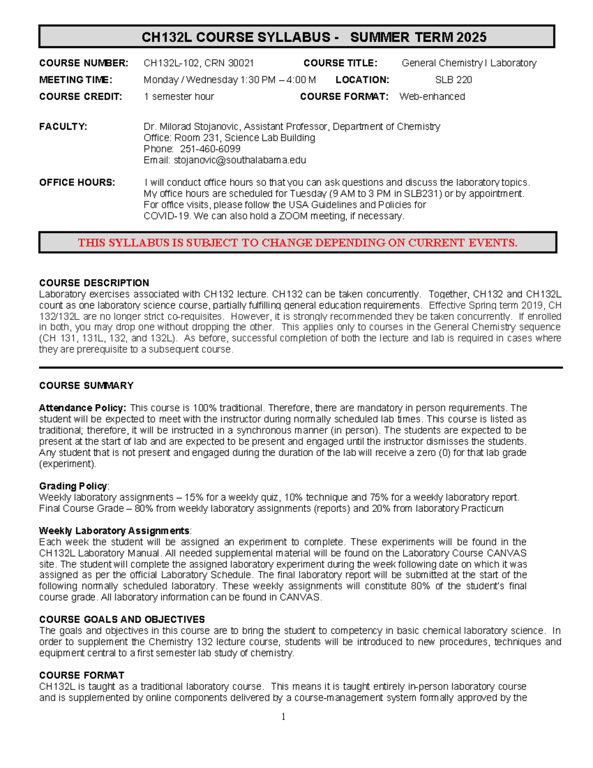 CH132L General Chemistry I Lab Syllabus - Summer 2025 Term - Studocu