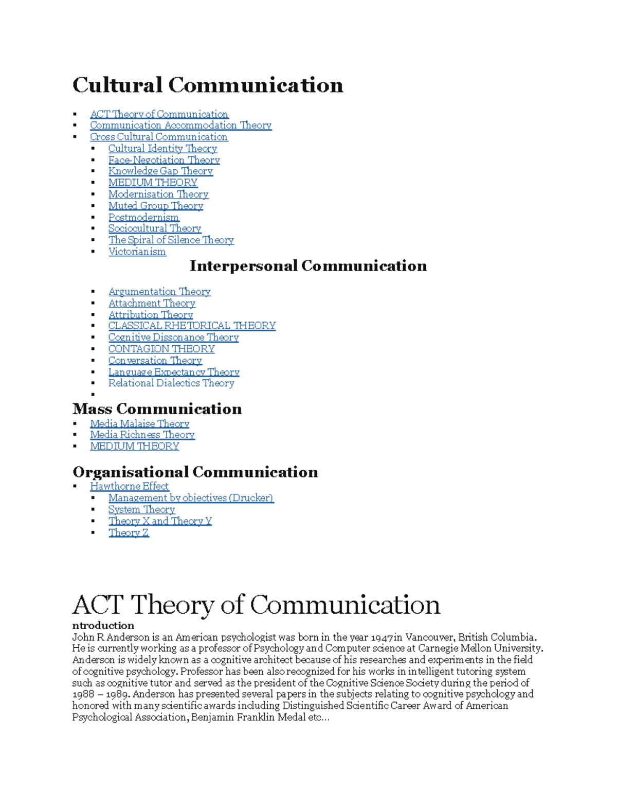 30 + Mass Communication Theories - Cultural Communication ACT Theory of ...