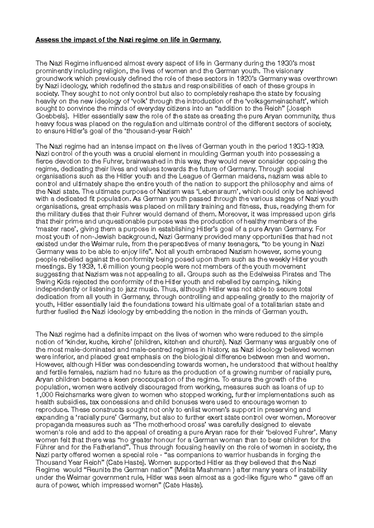 The impact of the Nazi regime on society - Assess the impact of the ...