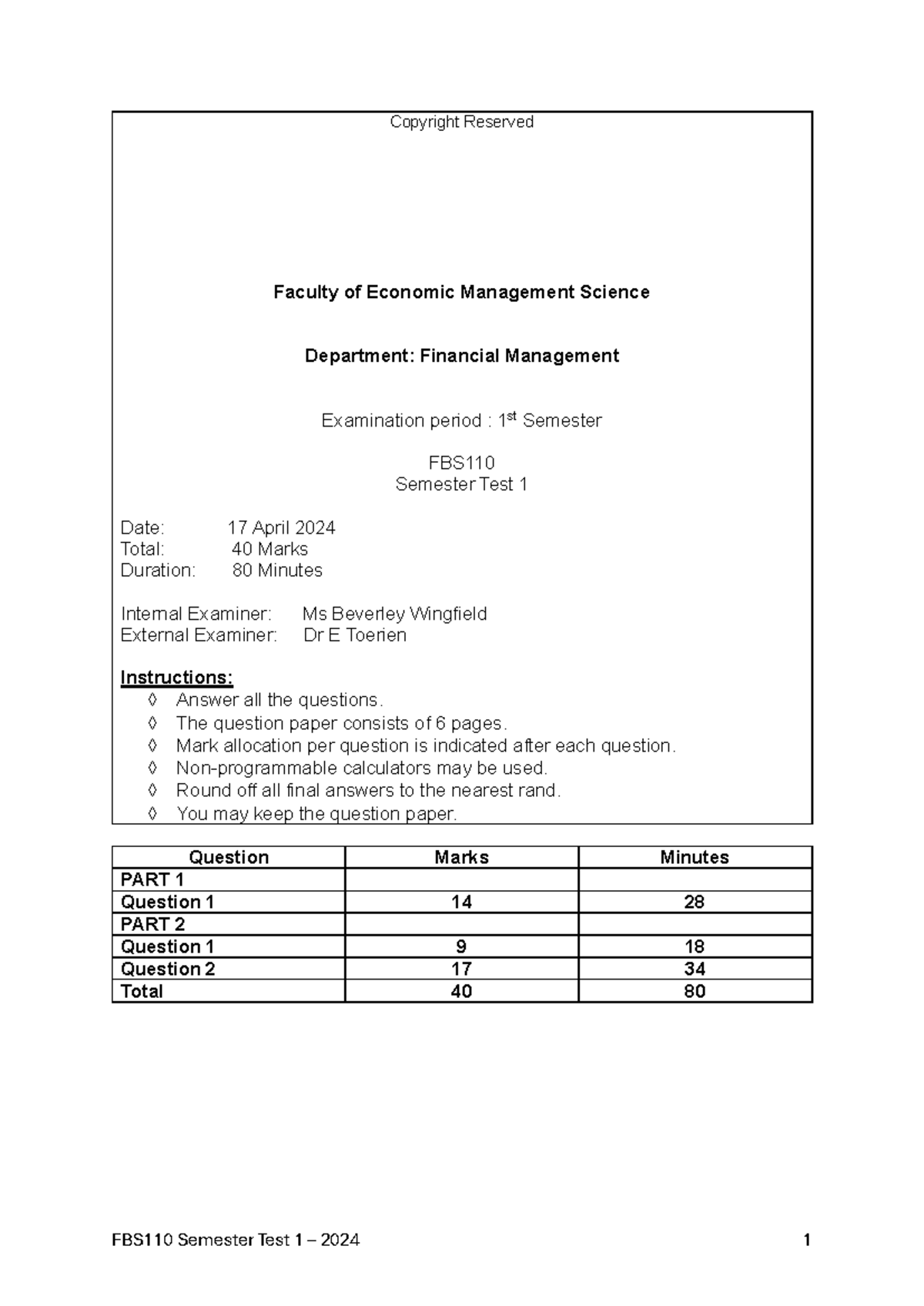 FBS110 Financial Management Semester Test 1 Solutions 2024 - Studocu