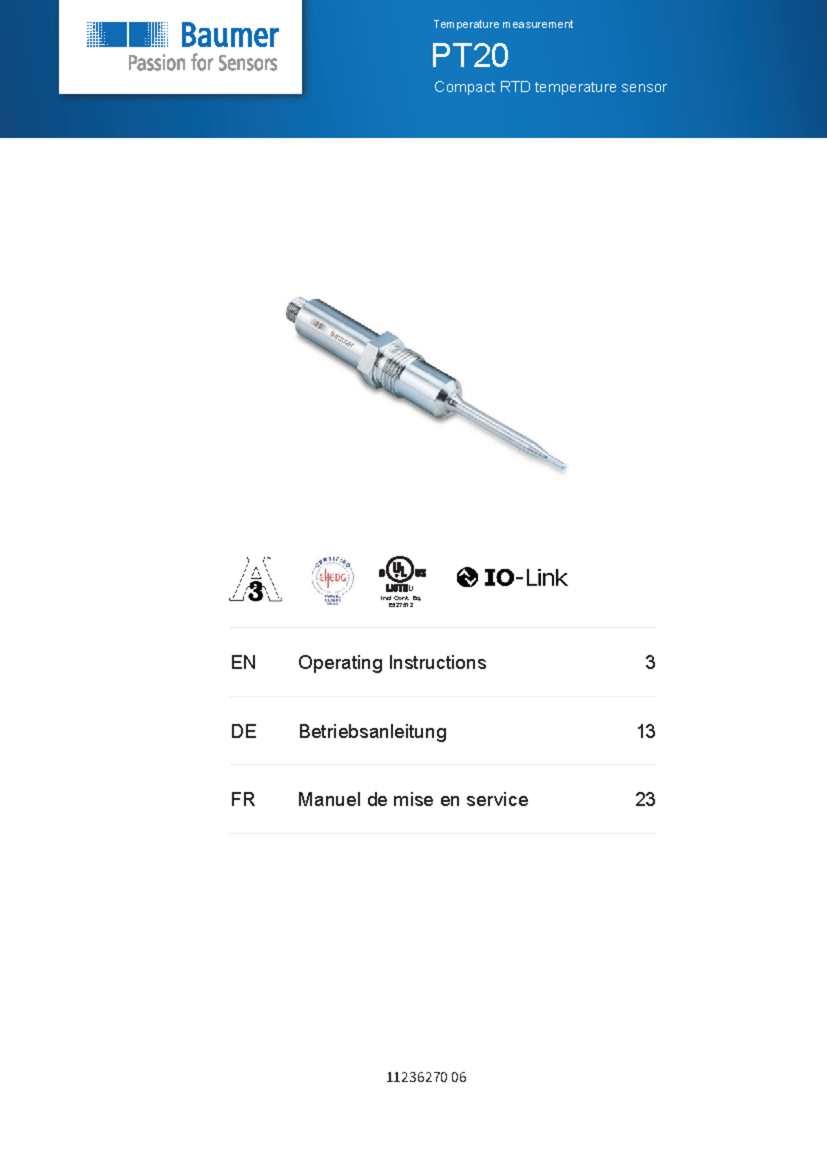 Operating Instructions for Baumer PT20 Compact RTD Temp Sensor E527512 ...