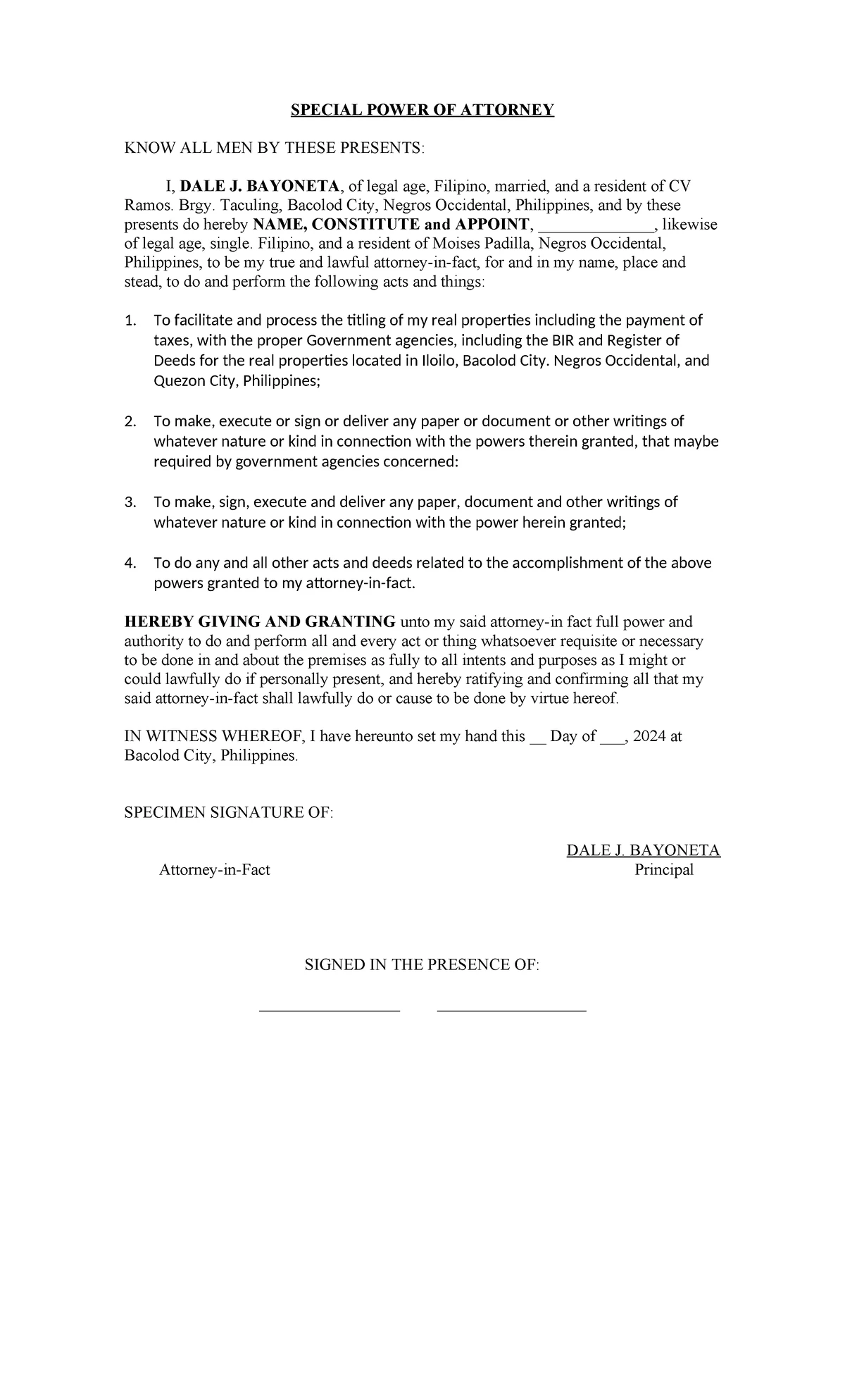 SPA-TO-SELL: Special Power of Attorney Document Analysis - Studocu