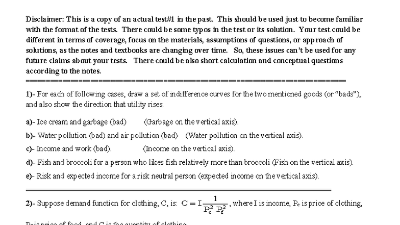 Test1 Sample ECO200 - Indifference Curves & Demand Functions Analysis ...