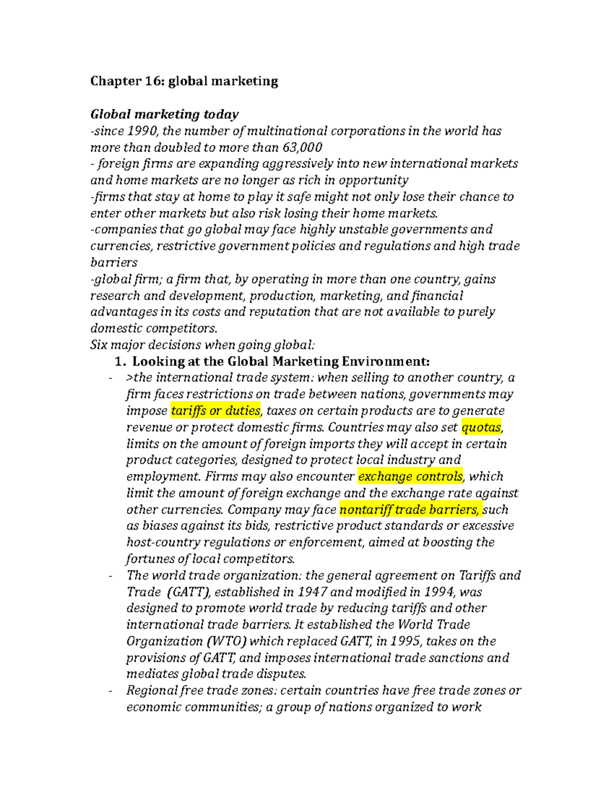 Chapter 16 - notes - Chapter 16: global marketing Global marketing ...