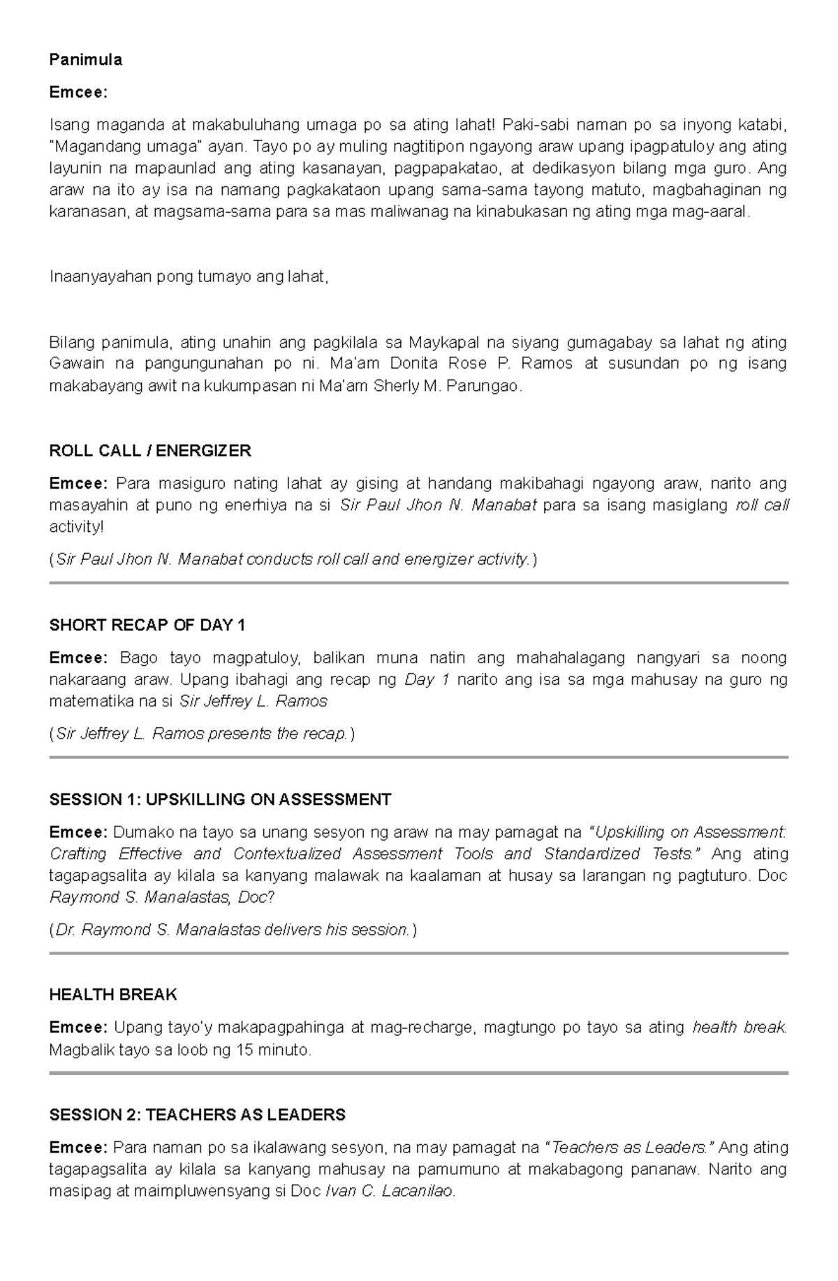 Script - Meeting: Teacher Development Session Overview - Studocu