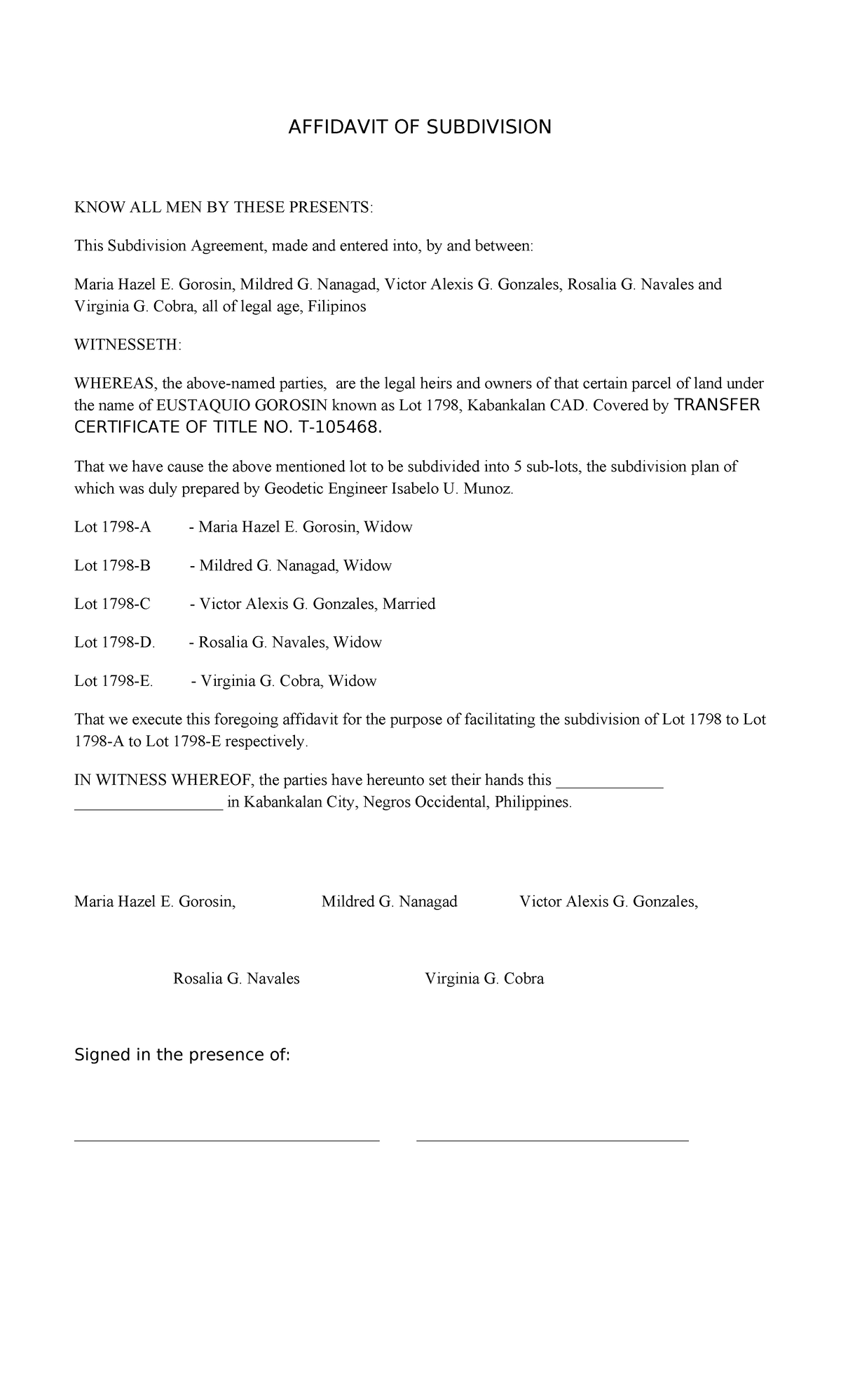 Subdivision Agreement Affidavit for Lot 1798 in Kabankalan City - Studocu