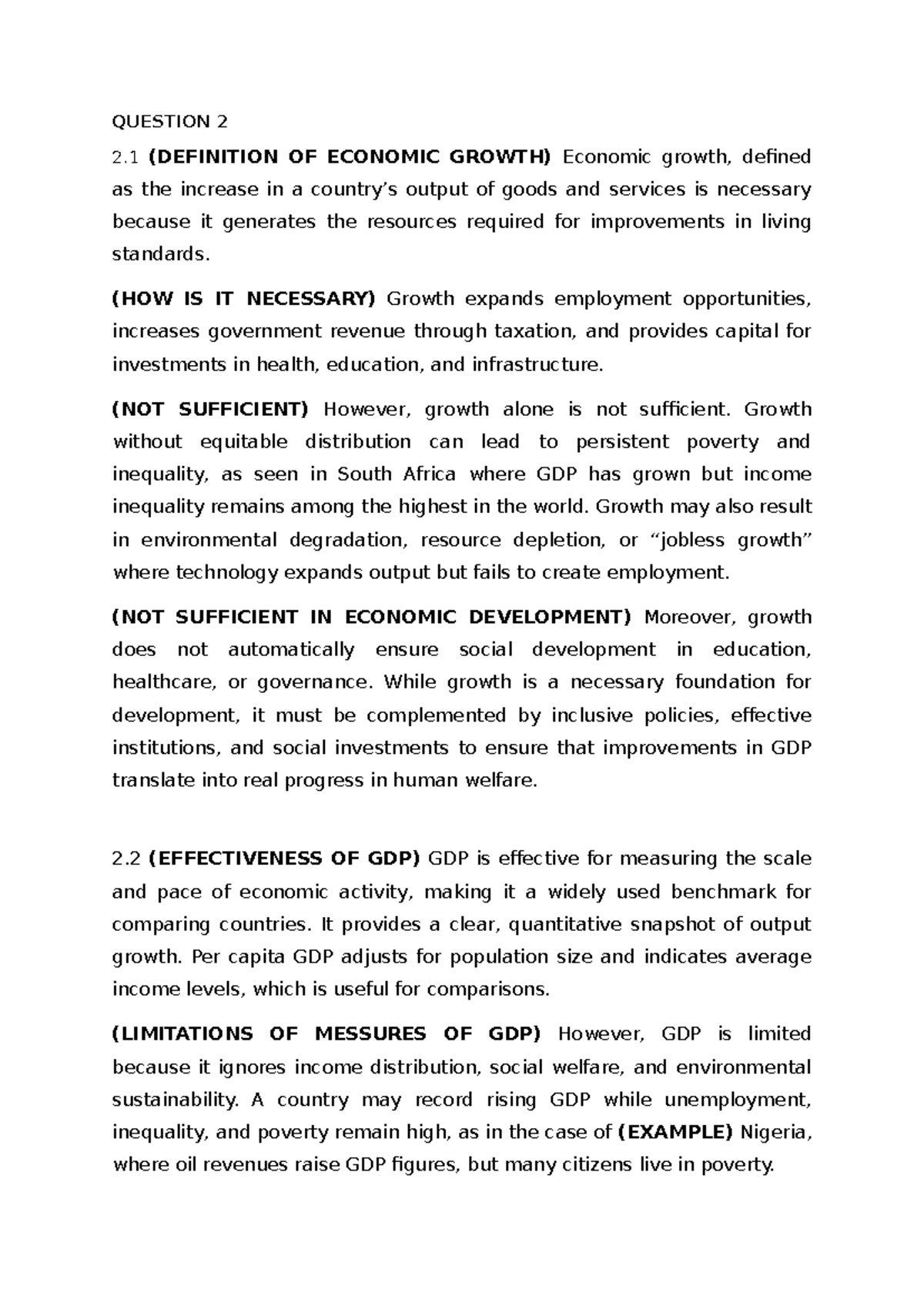 Question 2: Economic Growth and Human Development Analysis - Studocu