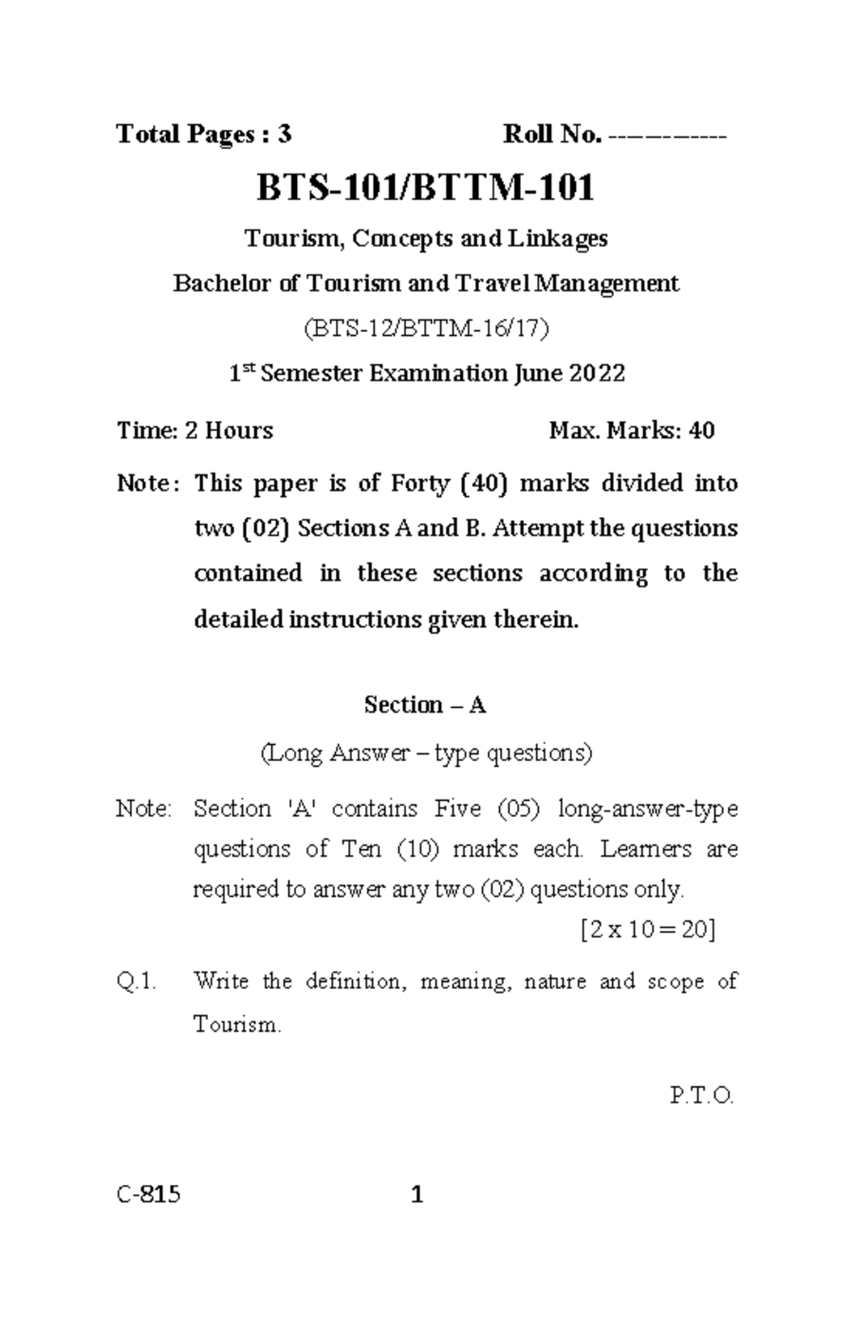 BTS-101 1st Sem Exam: Tourism Concepts & Linkages June 2022 - Studocu