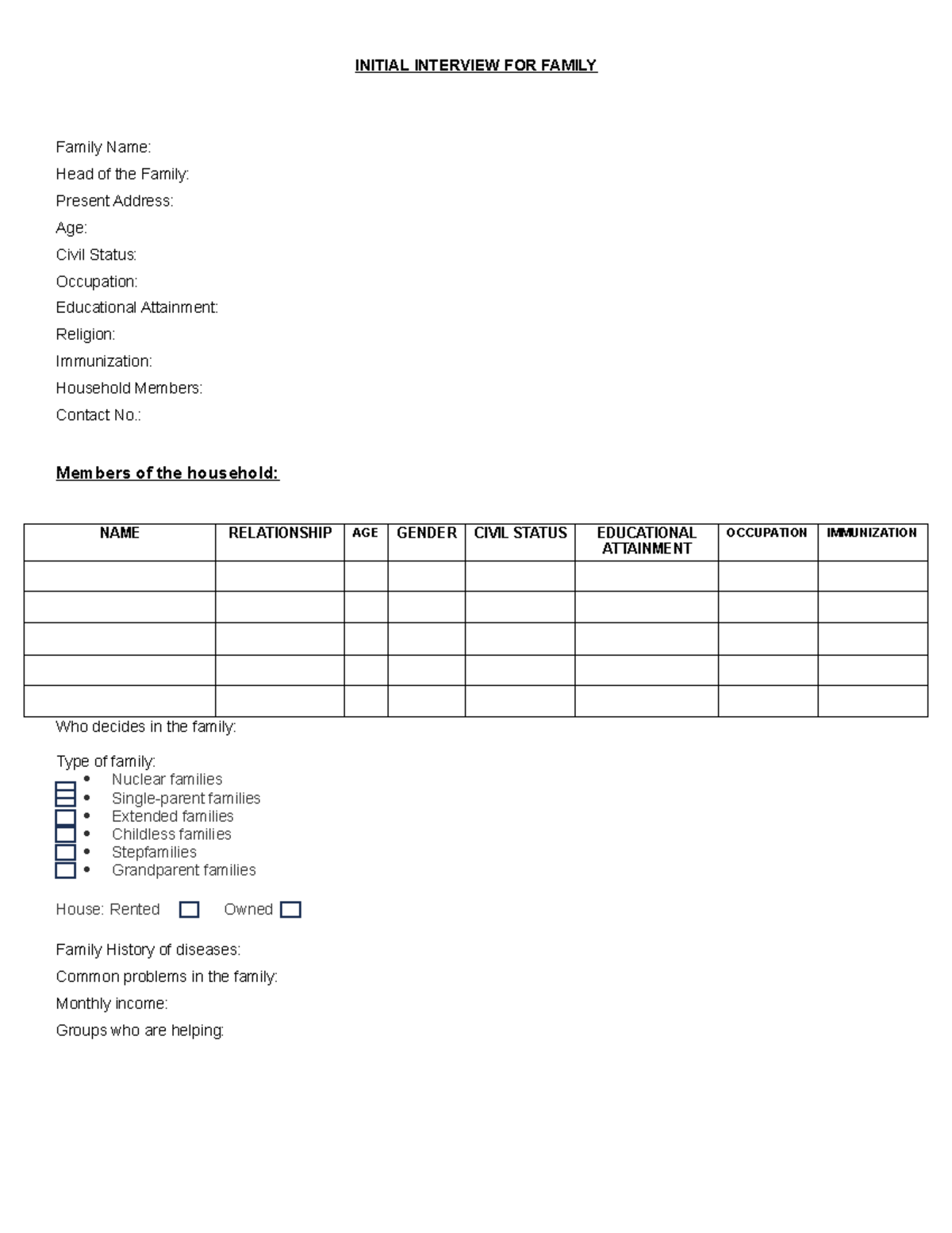 Initial Interview FOR Family - INITIAL INTERVIEW FOR FAMILY Family Name ...