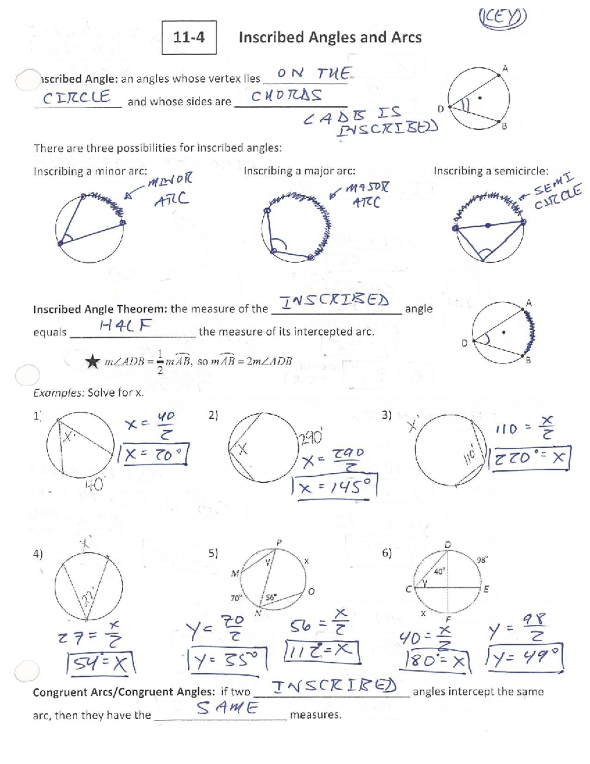 11.4 Inscribed Angles: Theorems, Examples, and Homework - Studocu