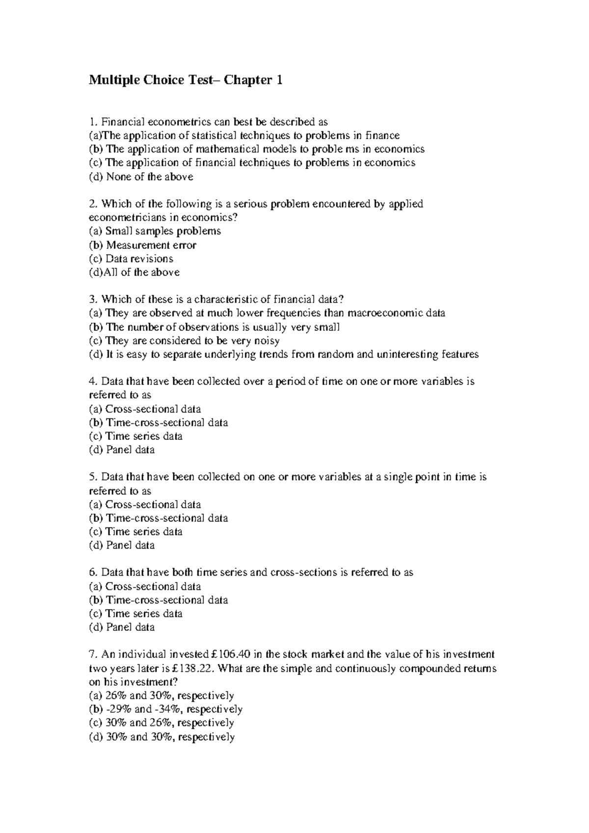 Test bank questions Chapter 1 nguyên lý thống kê kinh tế - Multiple ...