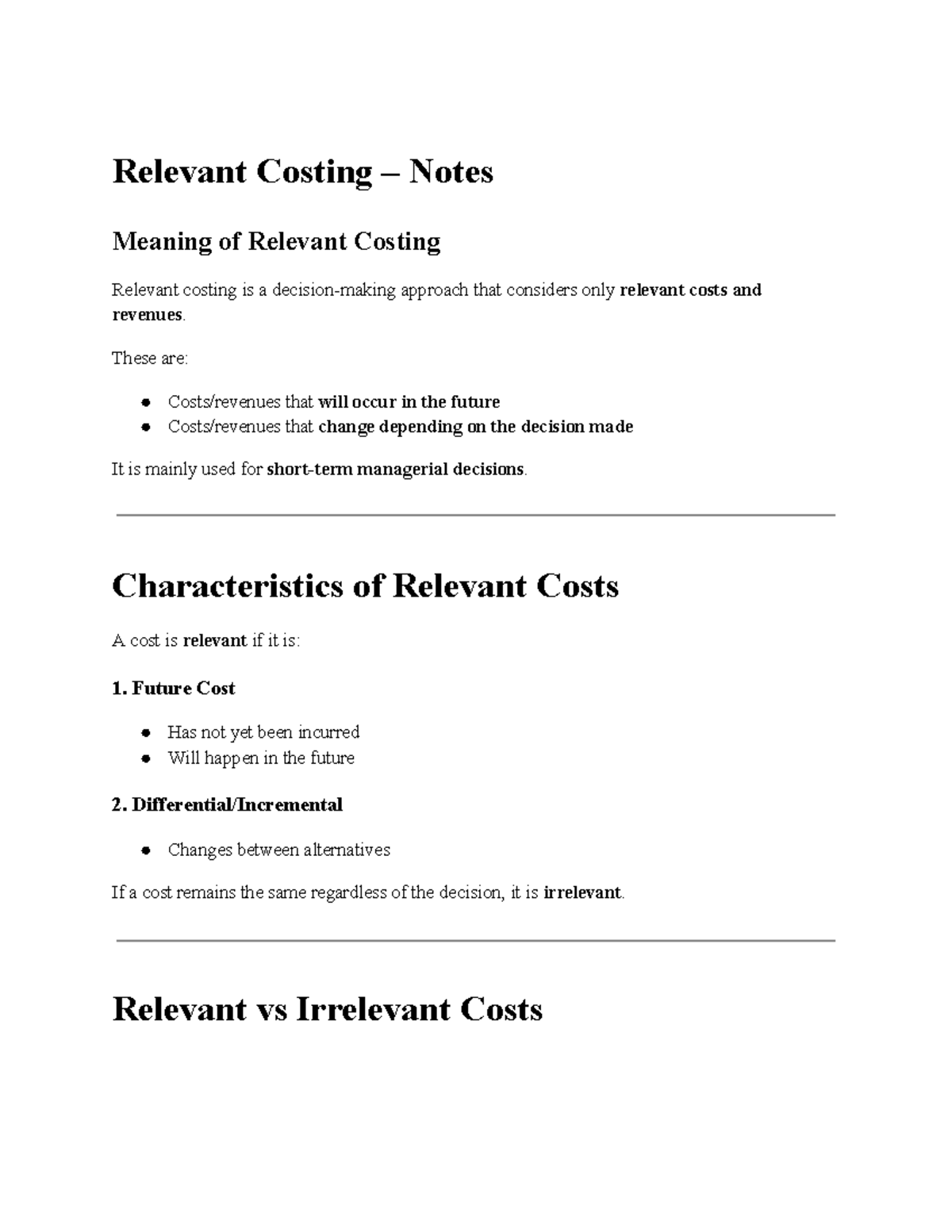 Relevant Costing Notes for Managerial Decisions (Course Code: RELEV-101 ...