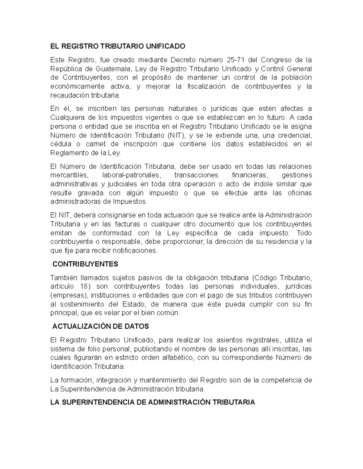 Registro Tributario Unificado: Ley y Funcionamiento en Guatemala - Document Preview