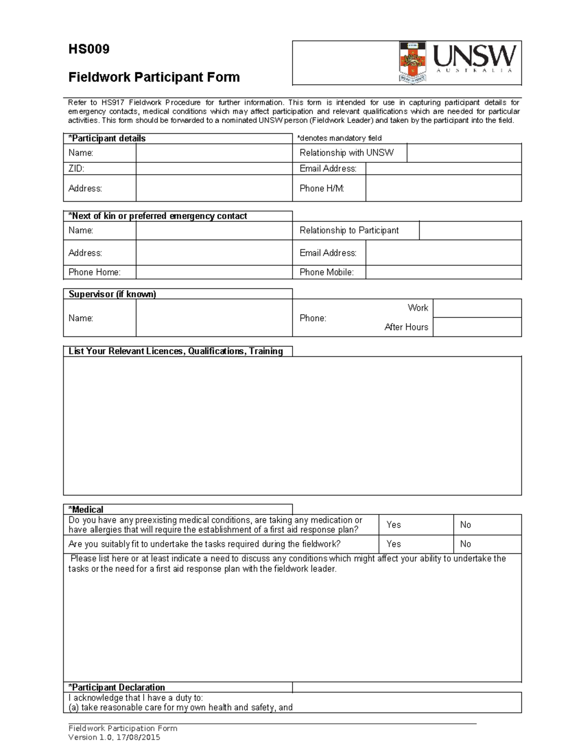 HS009 Fieldwork Participant Form and Emergency Contact Details - Studocu