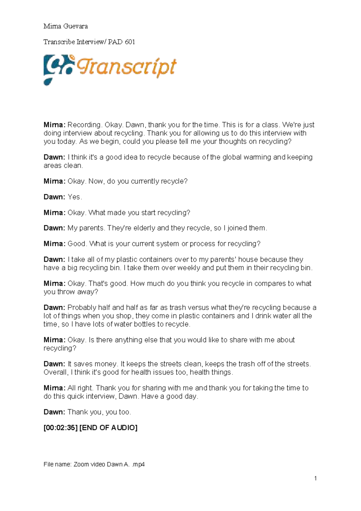 PAD 601 Unit 6 Qualitative Transcript: Interview on Recycling - Studocu